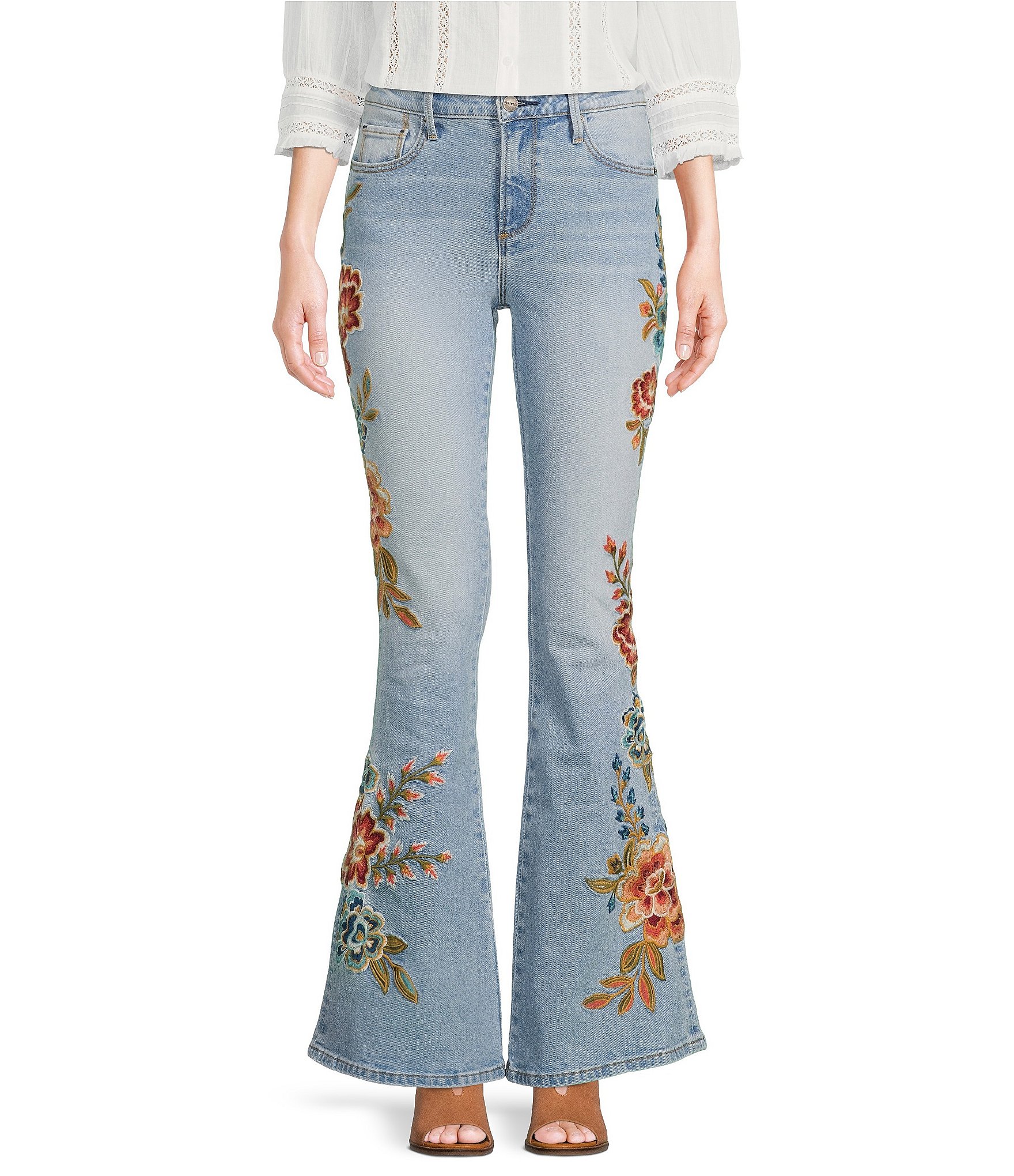 Driftwood X Maui Farrah Floral Embroidered Flare Leg 5 Pocket Stretch Denim Jeans Dillards