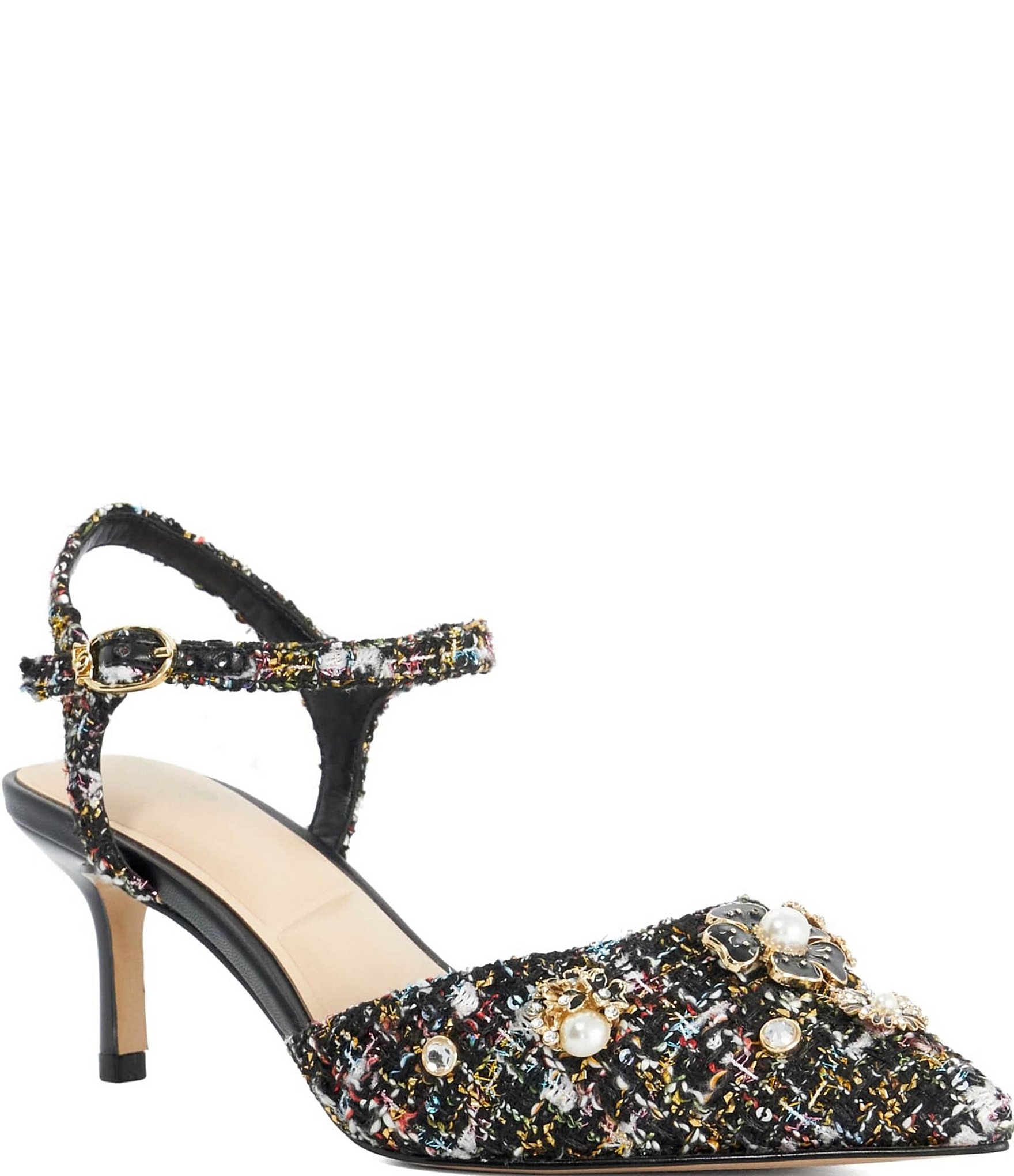 Dune London Cultivating Winter Boucle Point Toe Ankle Strap Kitten Heel Pumps