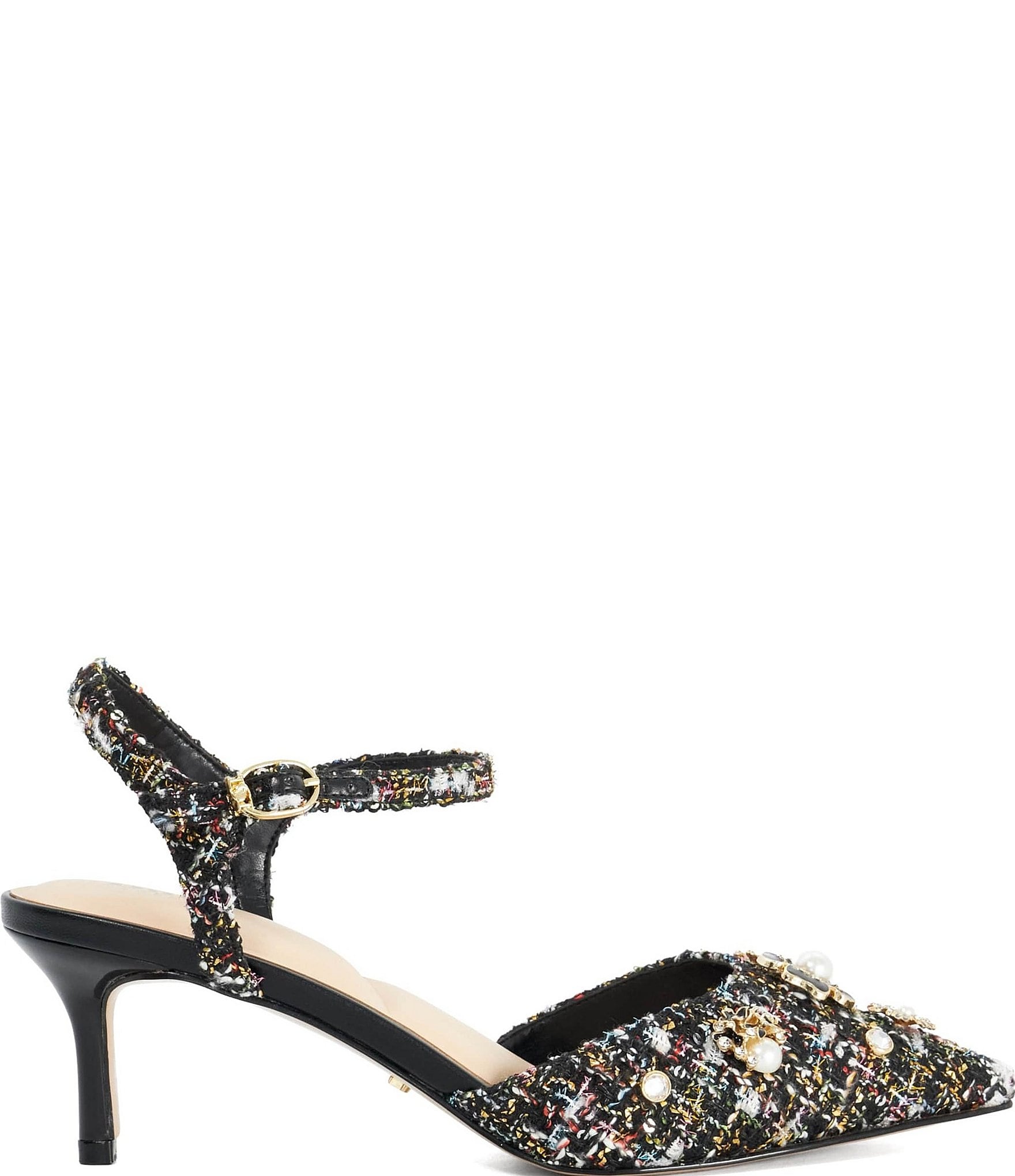 Dune London Cultivating Winter Boucle Point Toe Ankle Strap Kitten Heel Pumps