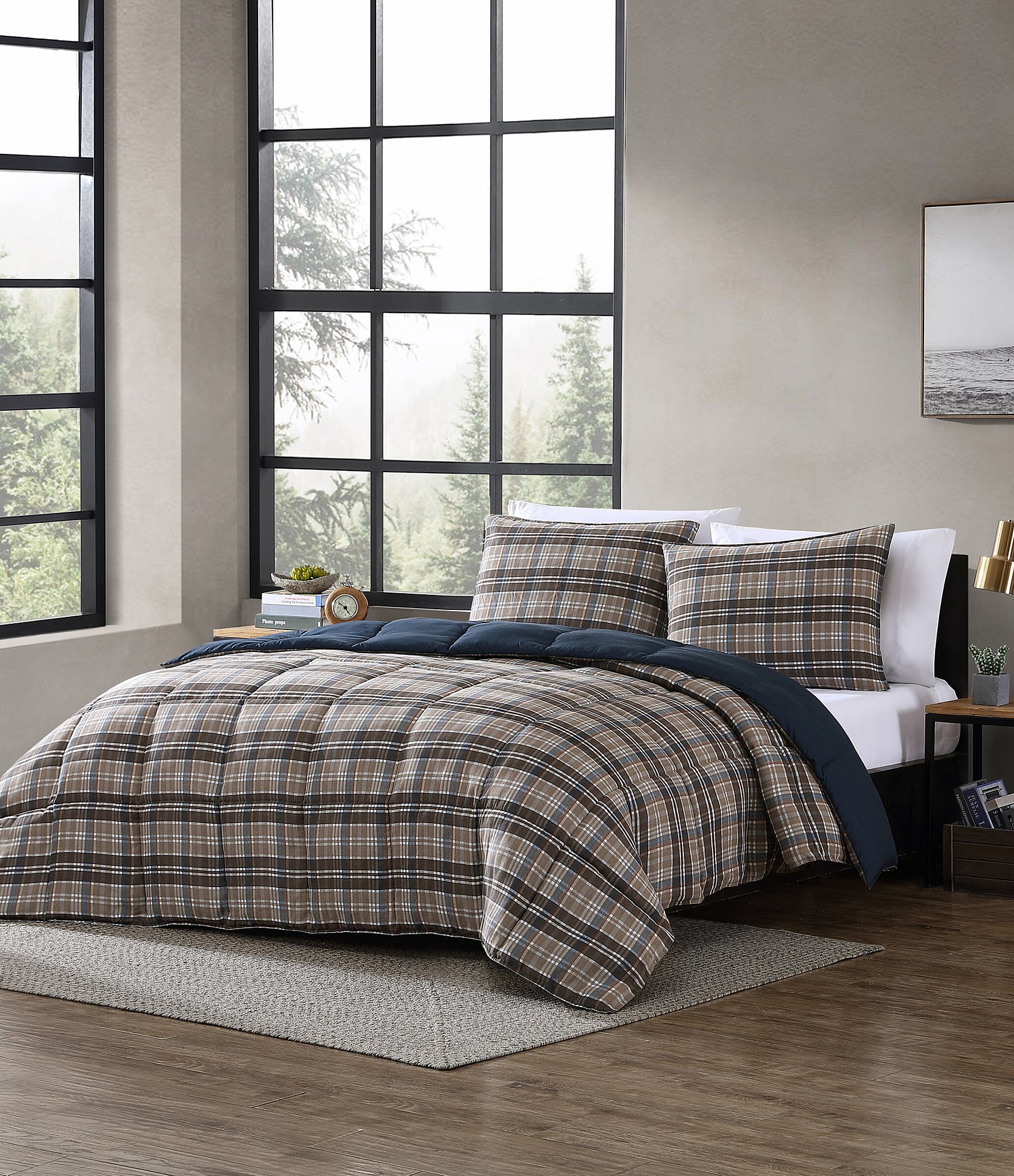 Eddie Bauer Rugged Plaid Brown Micro Suede Reversible Comforter Mini Set