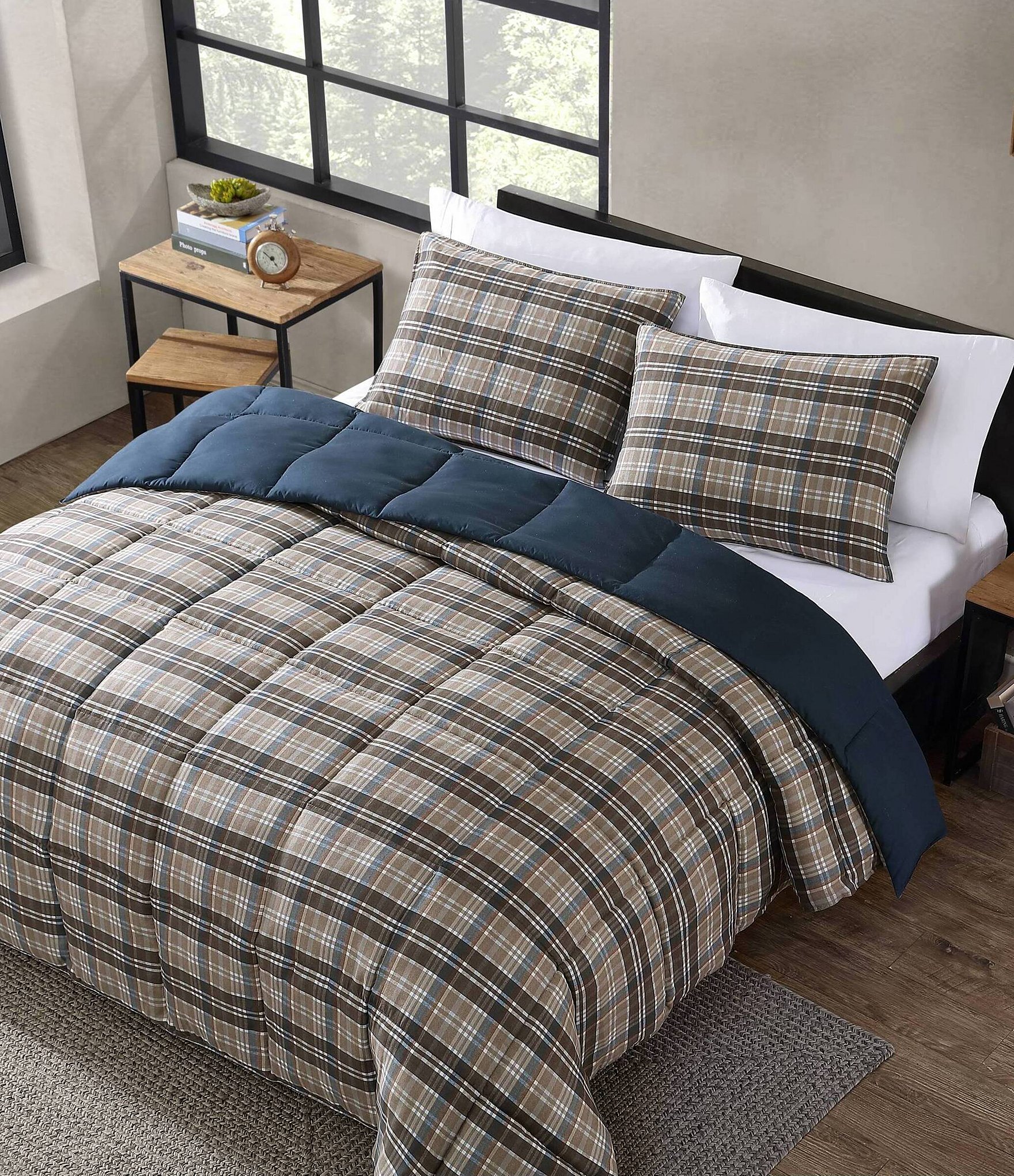 Eddie Bauer Rugged Plaid Brown Micro Suede Reversible Comforter Mini Set