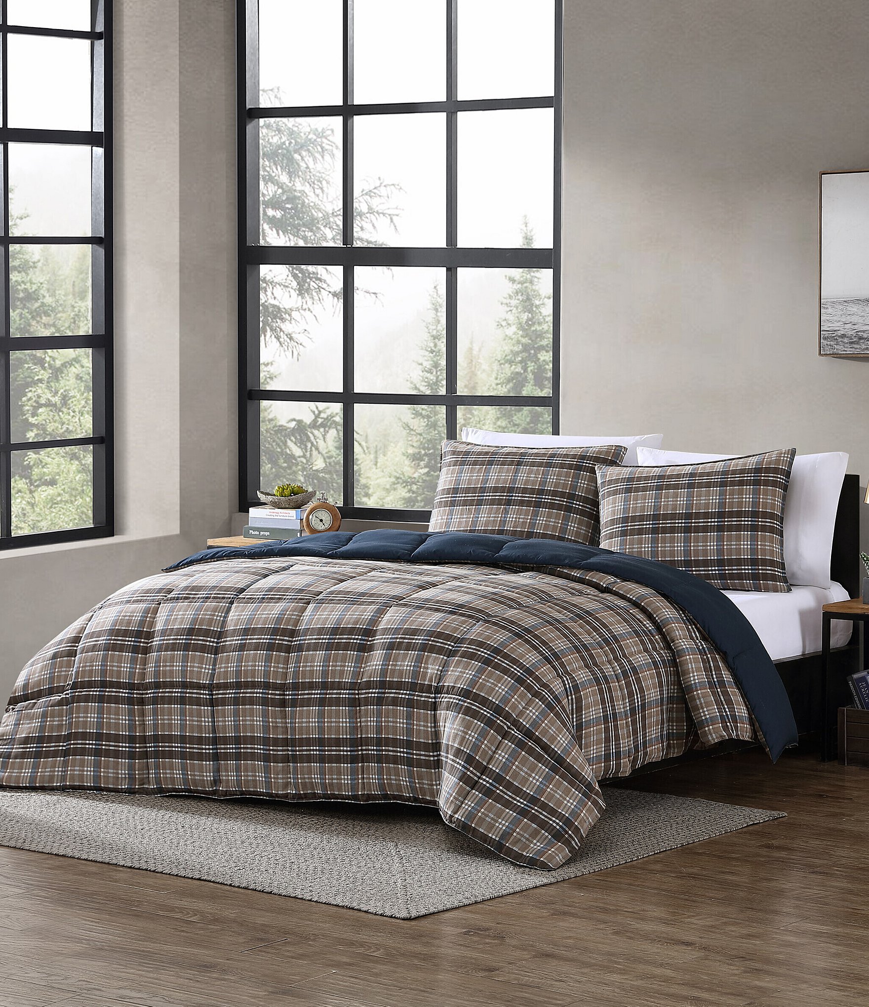 Eddie Bauer Rugged Plaid Brown Micro Suede Reversible Duvet Cover Mini Set