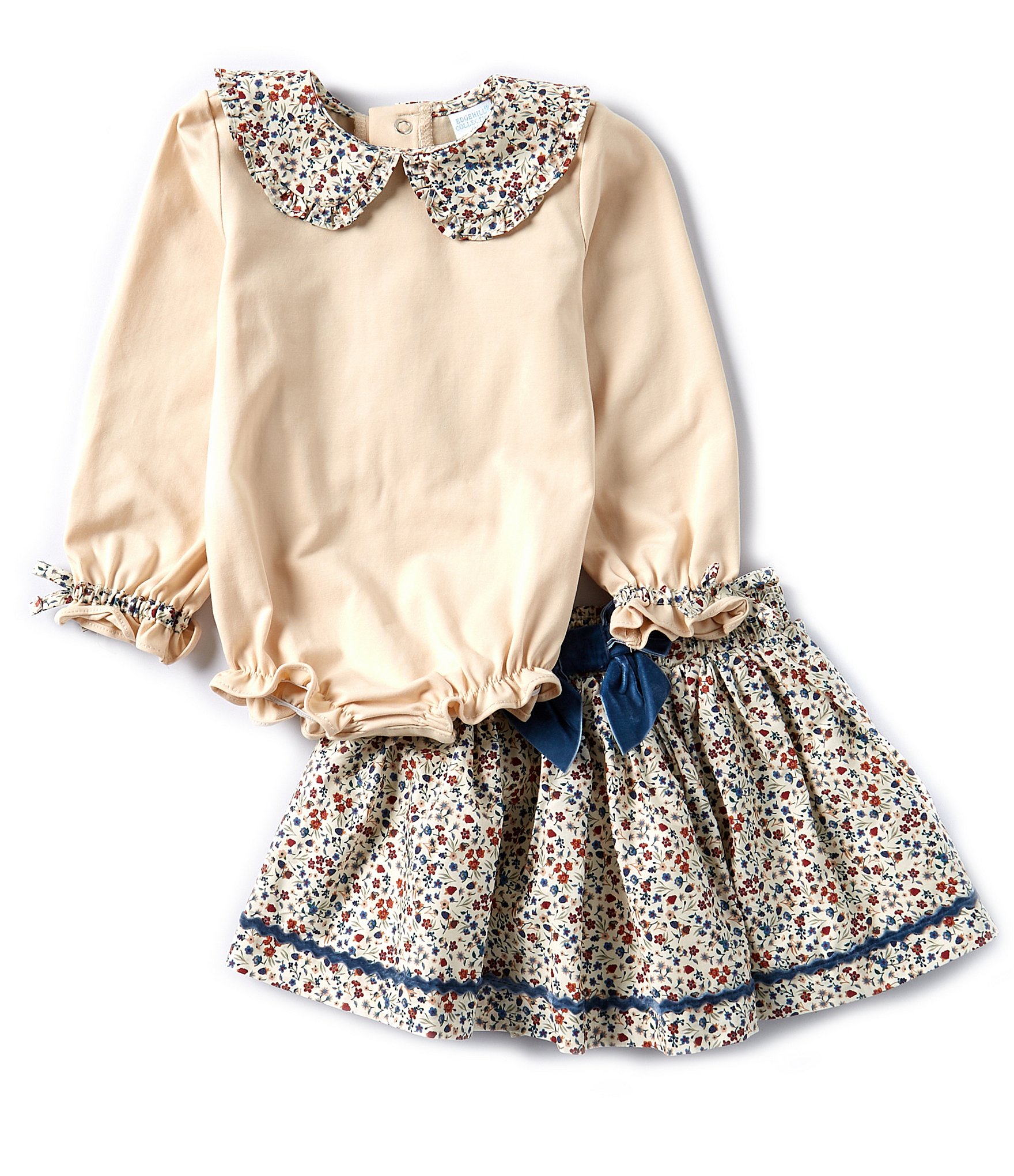 Edgehill Collection Baby Girl 12-24 Months Peter Pan Collar Long Sleeve Knit Body Suit & Floral Skirt Set