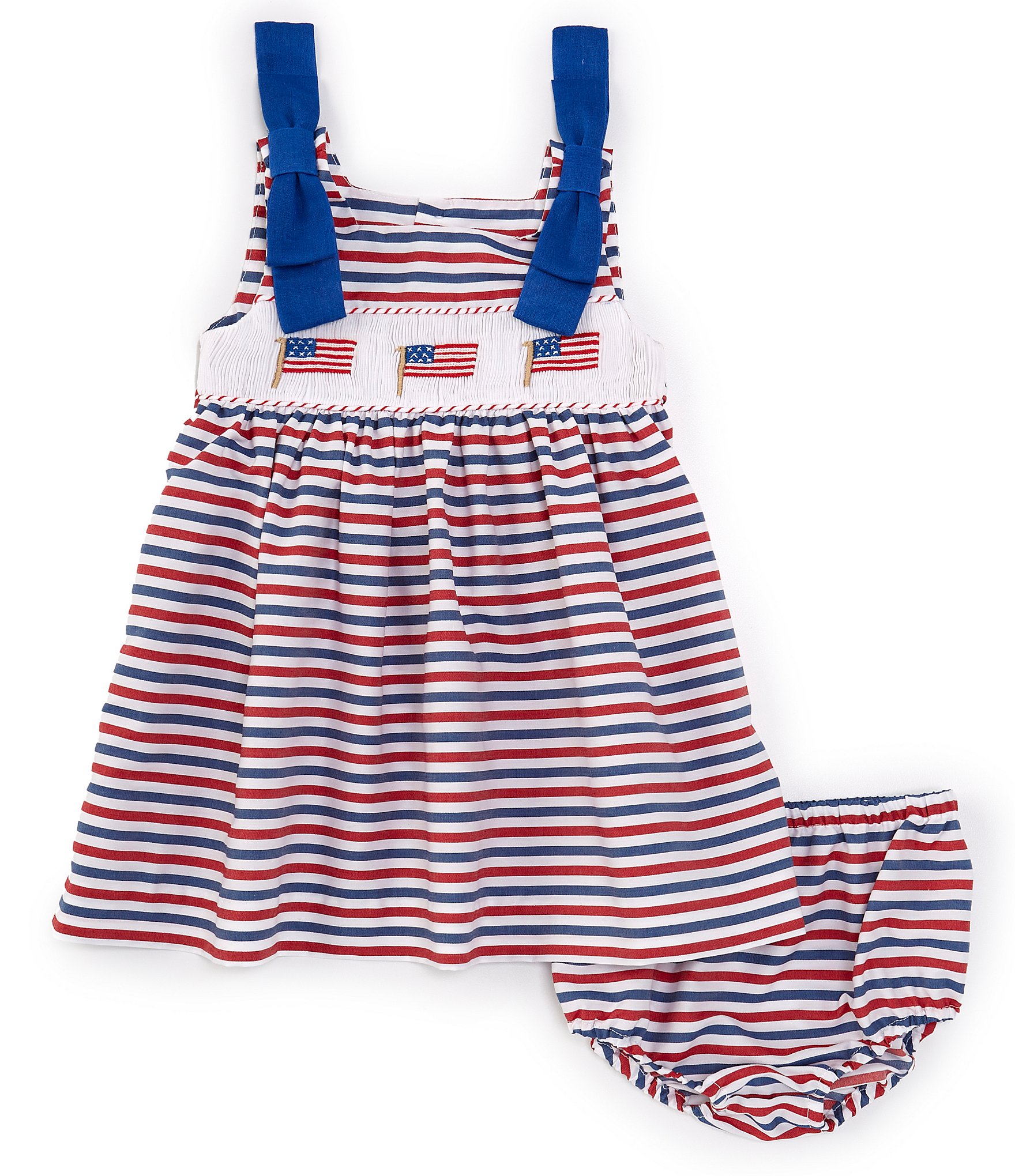 Edgehill Collection Baby Girls 3-24 Months Family Matching Square Neck Tie Shoulders American Flag Smocked Dress