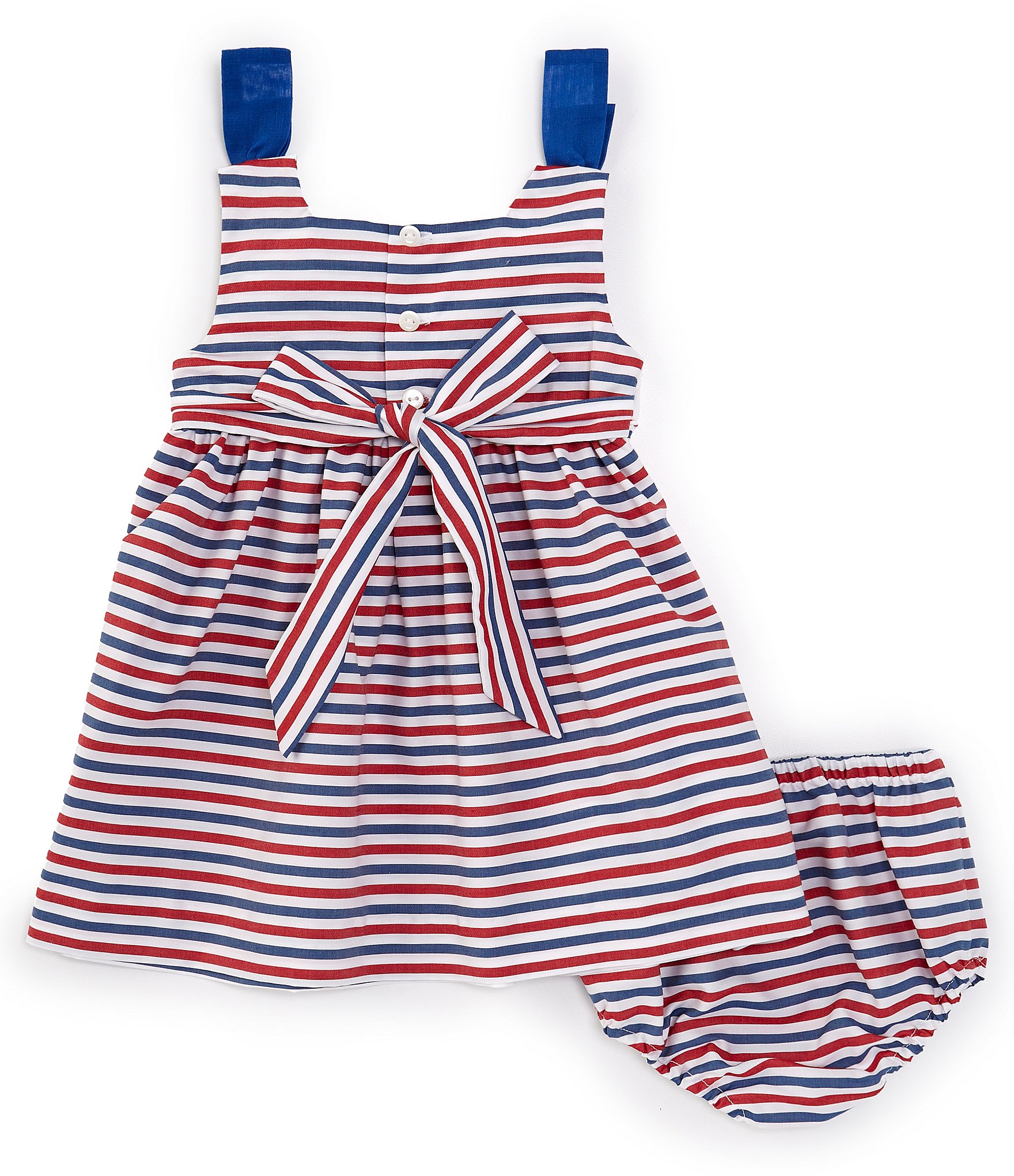 Edgehill Collection Baby Girls 3-24 Months Family Matching Square Neck Tie Shoulders American Flag Smocked Dress