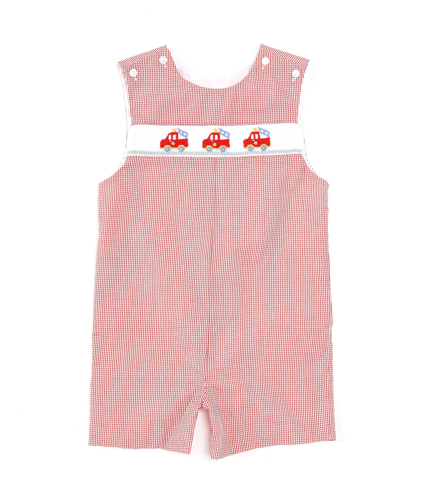 Edgehill Collection Little Boys 2T-4T Round Neck Sleeveless Smocked Firetruck Jon Jon Shortall