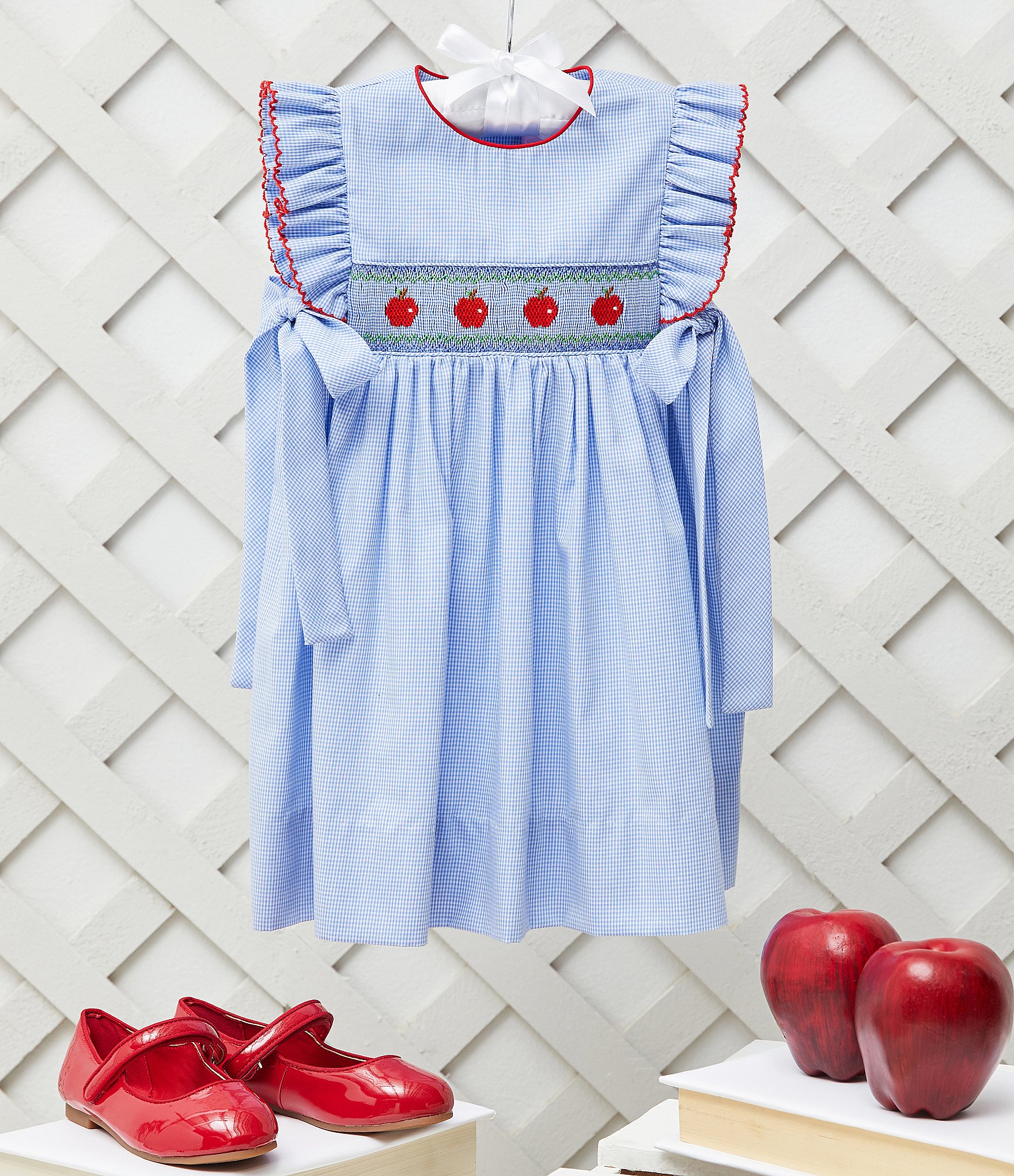 Edgehill Collection Little Girls 2T-6X Round Neck Flutter Sleeve Apple Smocked Bodice Dress