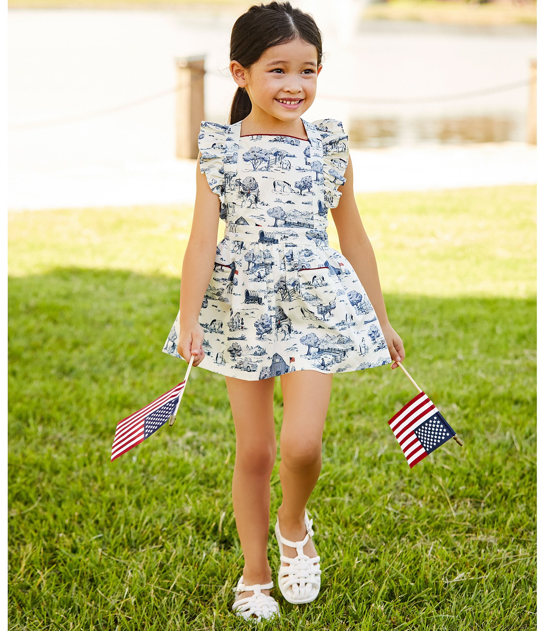 Edgehill Collection Little Girls Flag Toile Print Sleeveless Pinafore Ruffle Dress
