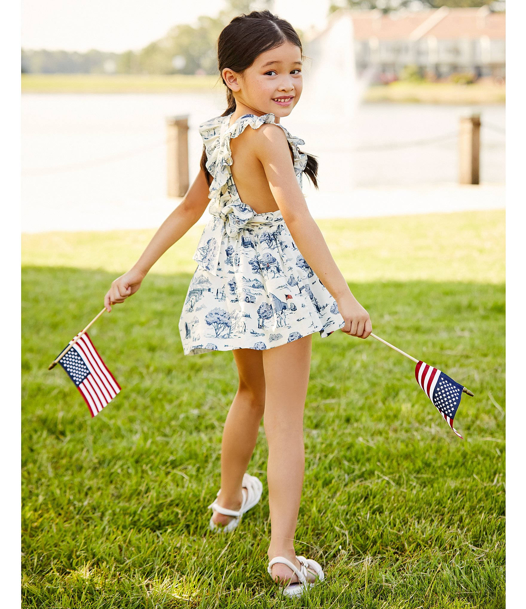 Edgehill Collection Little Girls Flag Toile Print Sleeveless Pinafore Ruffle Dress