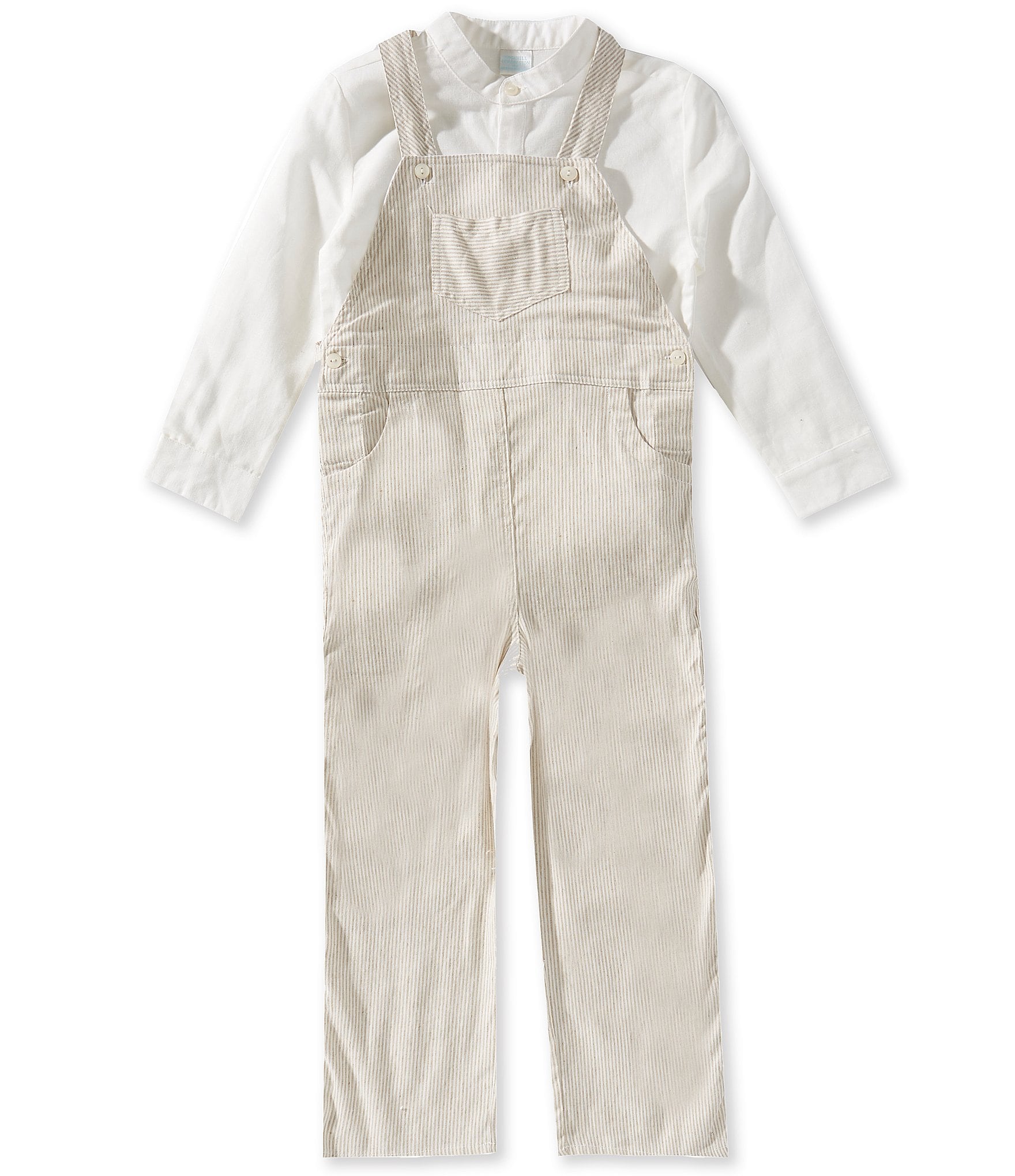 Edgehill Collection x Megan Karp Little Boys Oliver Linen Cotton Blend Long Sleeve Shirt & Stripe Overalls Set