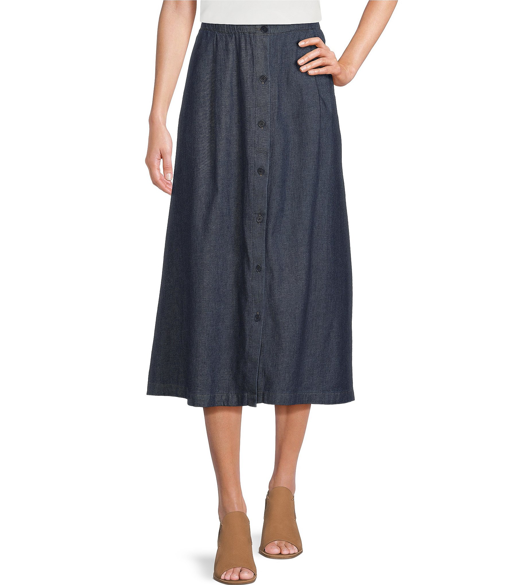 Eileen Fisher Airy Organic Cotton Twill Button Front A-Line Midi Skirt ...