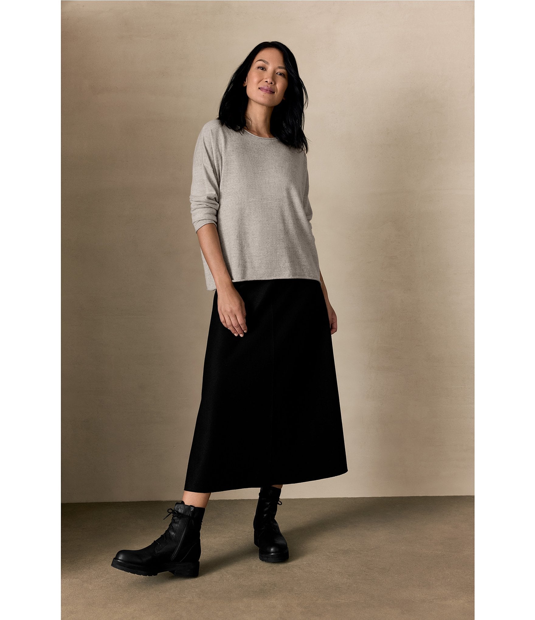 Eileen Fisher Boiled Wool Jersey Elastic Waist A-Line Midi Skirt