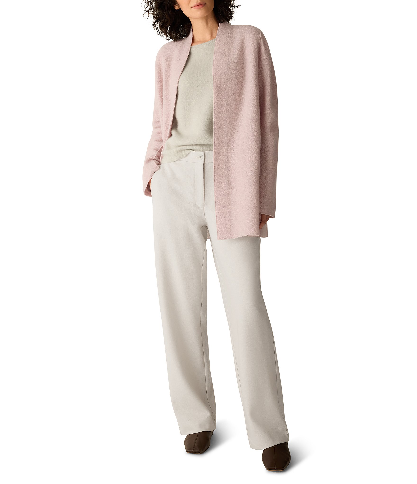 Eileen Fisher Boiled Wool Jersey Knit High Collar Long Sleeve Open-Front Jacket