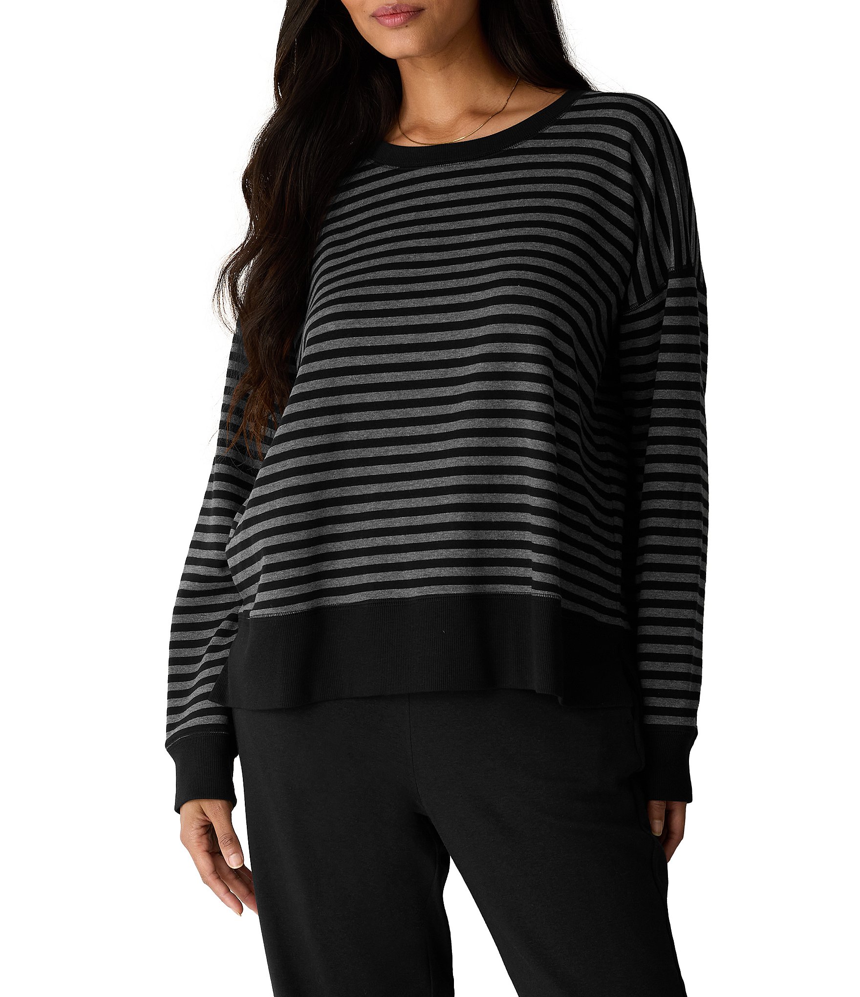 Eileen Fisher Brushed Fleecy Knit Striped Crew Neck Long Sleeve Top