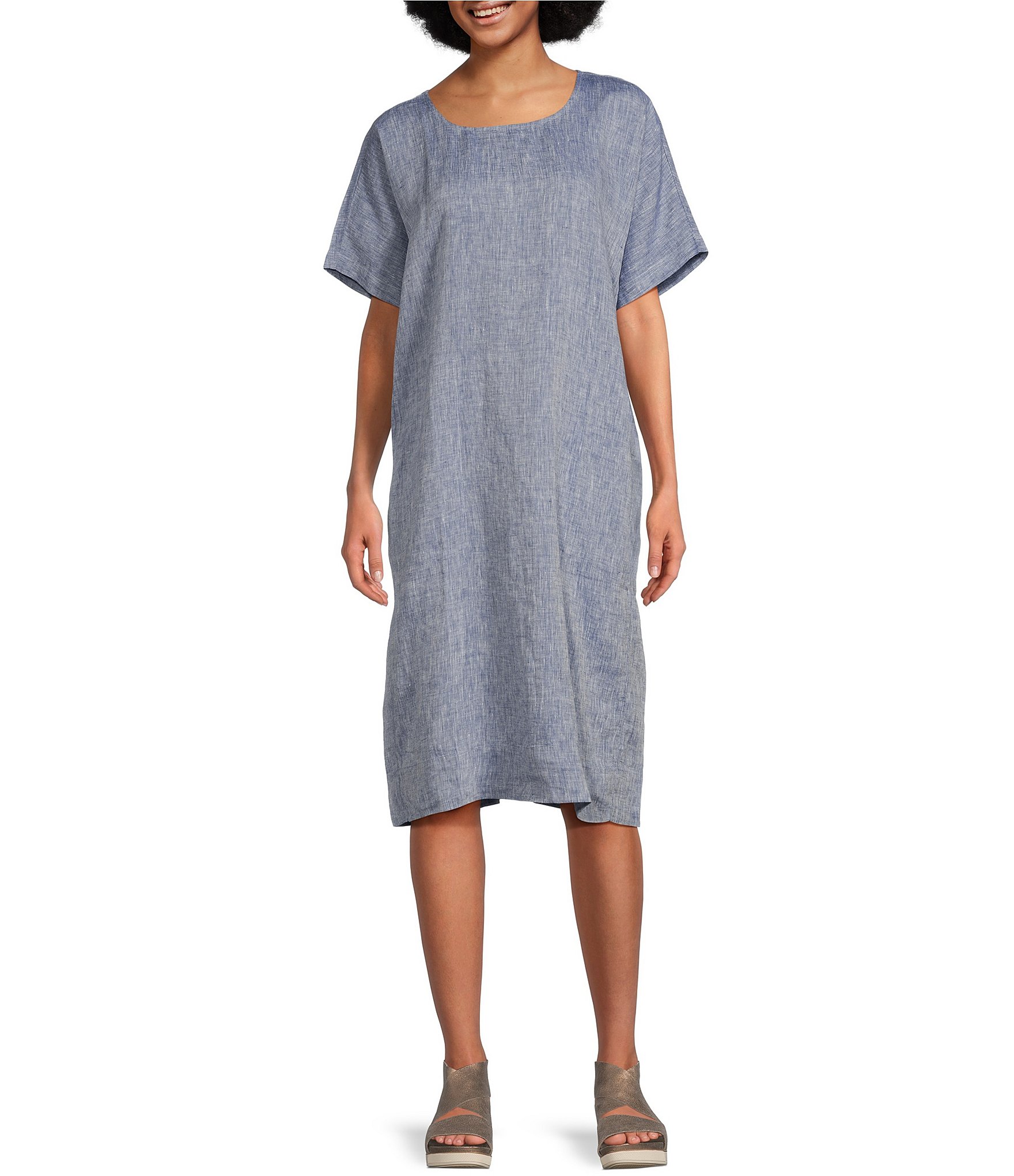 Eileen Fisher Chambray Organic Linen Yarn Dyed Scoop Neck Short Sleeve ...