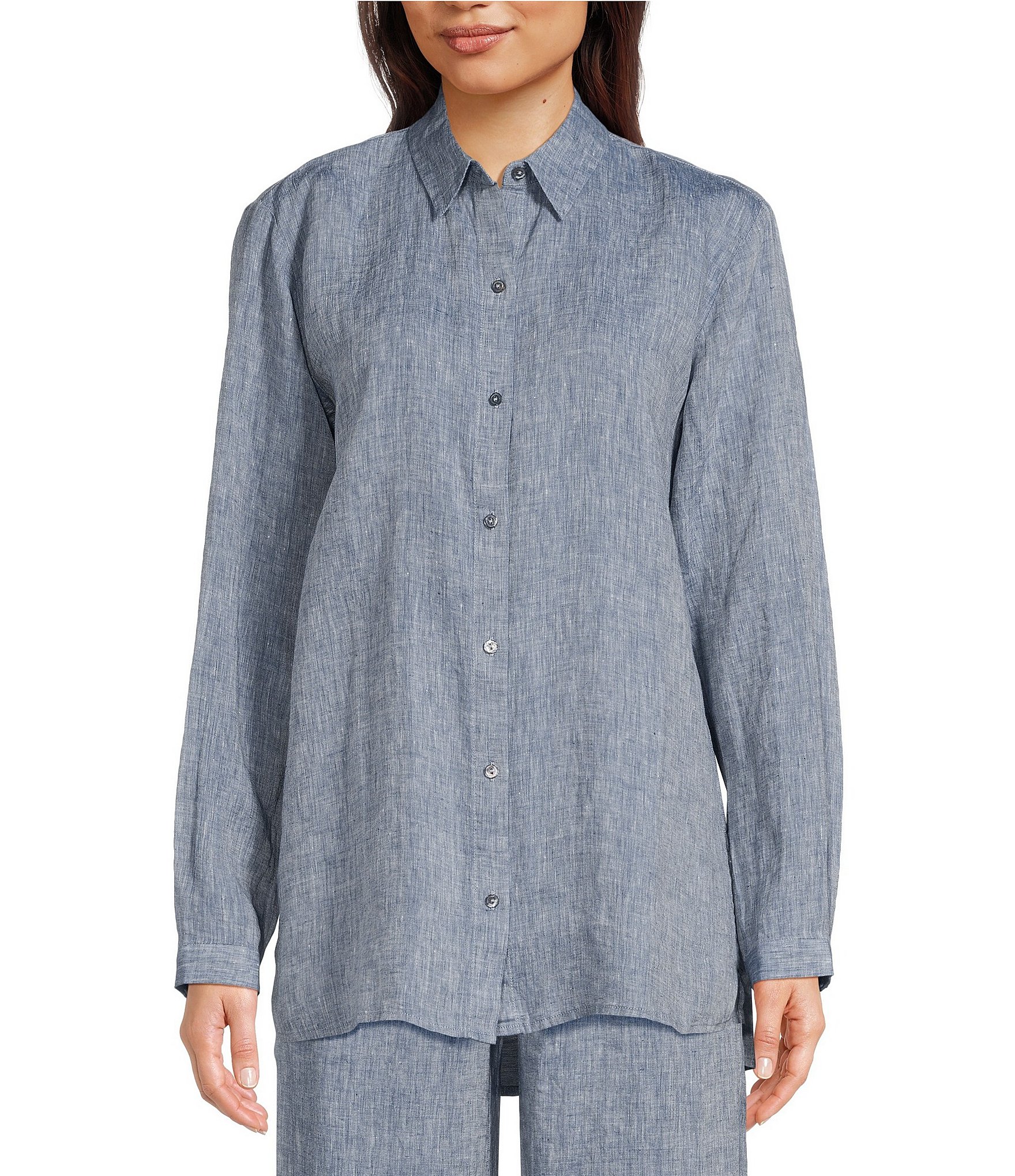 Eileen Fisher Chambray Yarn Dyed Organic Linen Point Collar Long Sleeve ...