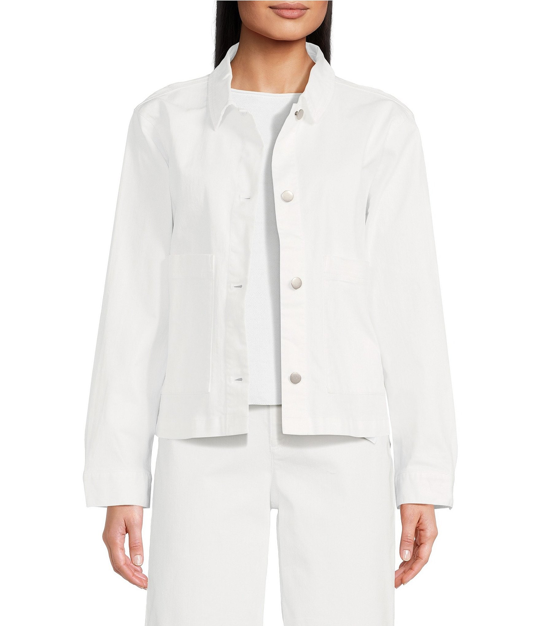 Eileen Fisher Classic Organic Cotton Point Collar Button Front Jacket ...