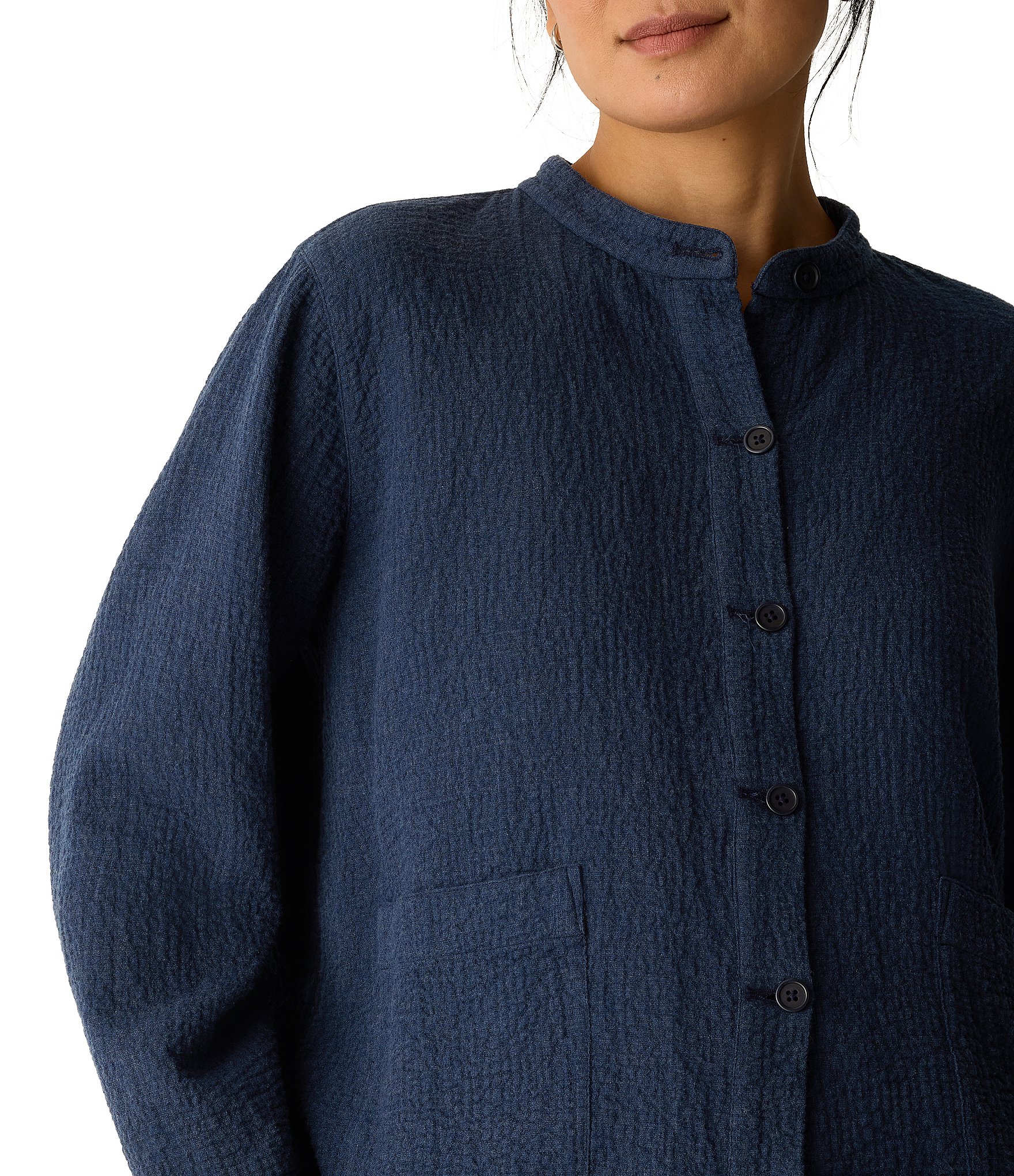 Eileen Fisher Crinkle Doubleweave Mandarin Collar Long Sleeve Jacket
