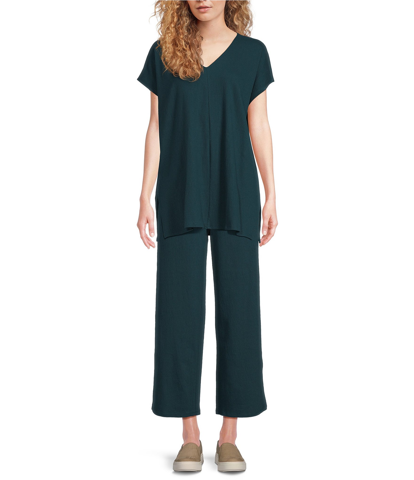 Eileen Fisher Organic Cotton Blend Crinkle Jersey V-Neck Short Sleeve Top