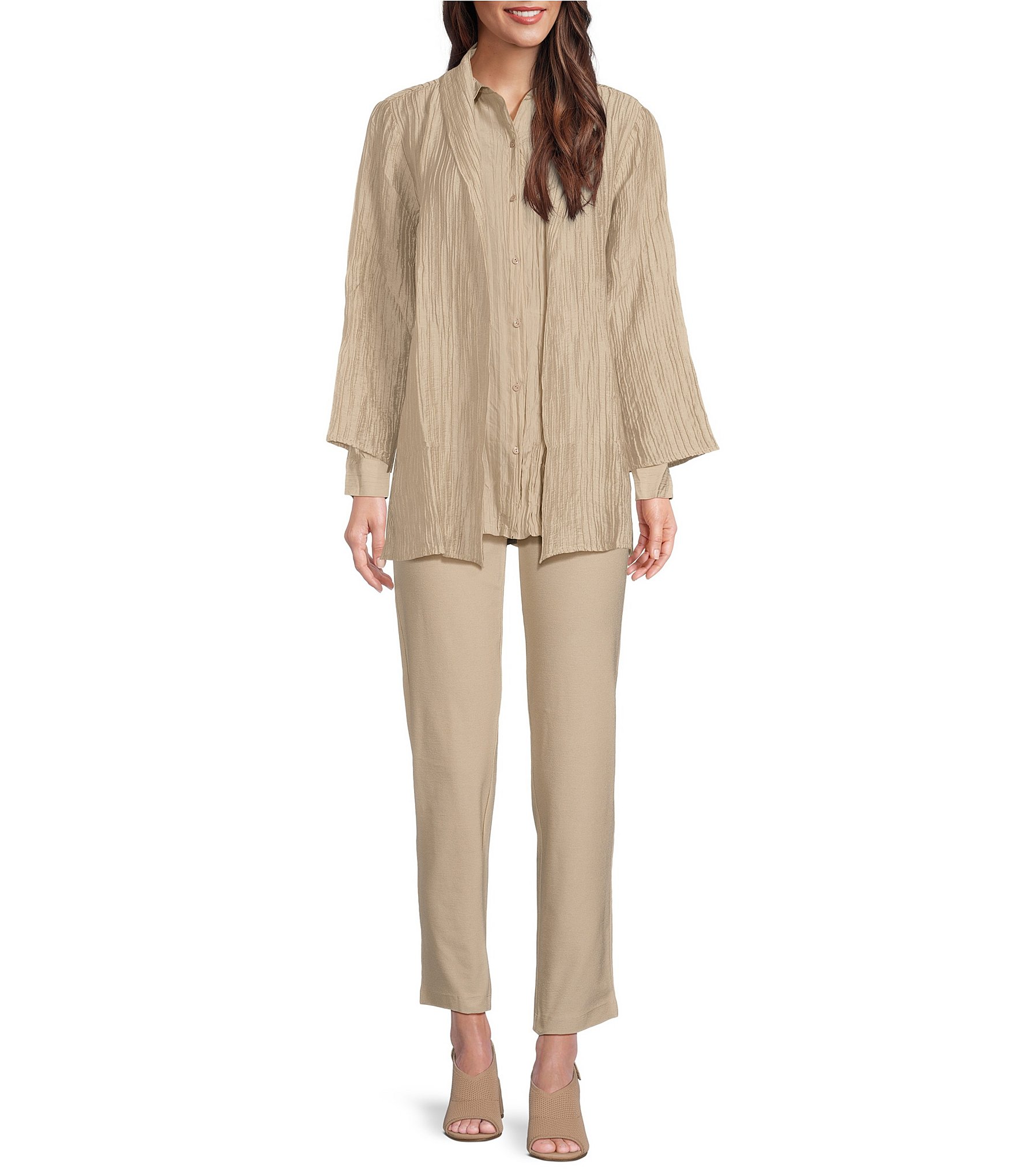 Eileen Fisher Crinkle Shimmer High Collar Bracelet Sleeve Open Front Jacket