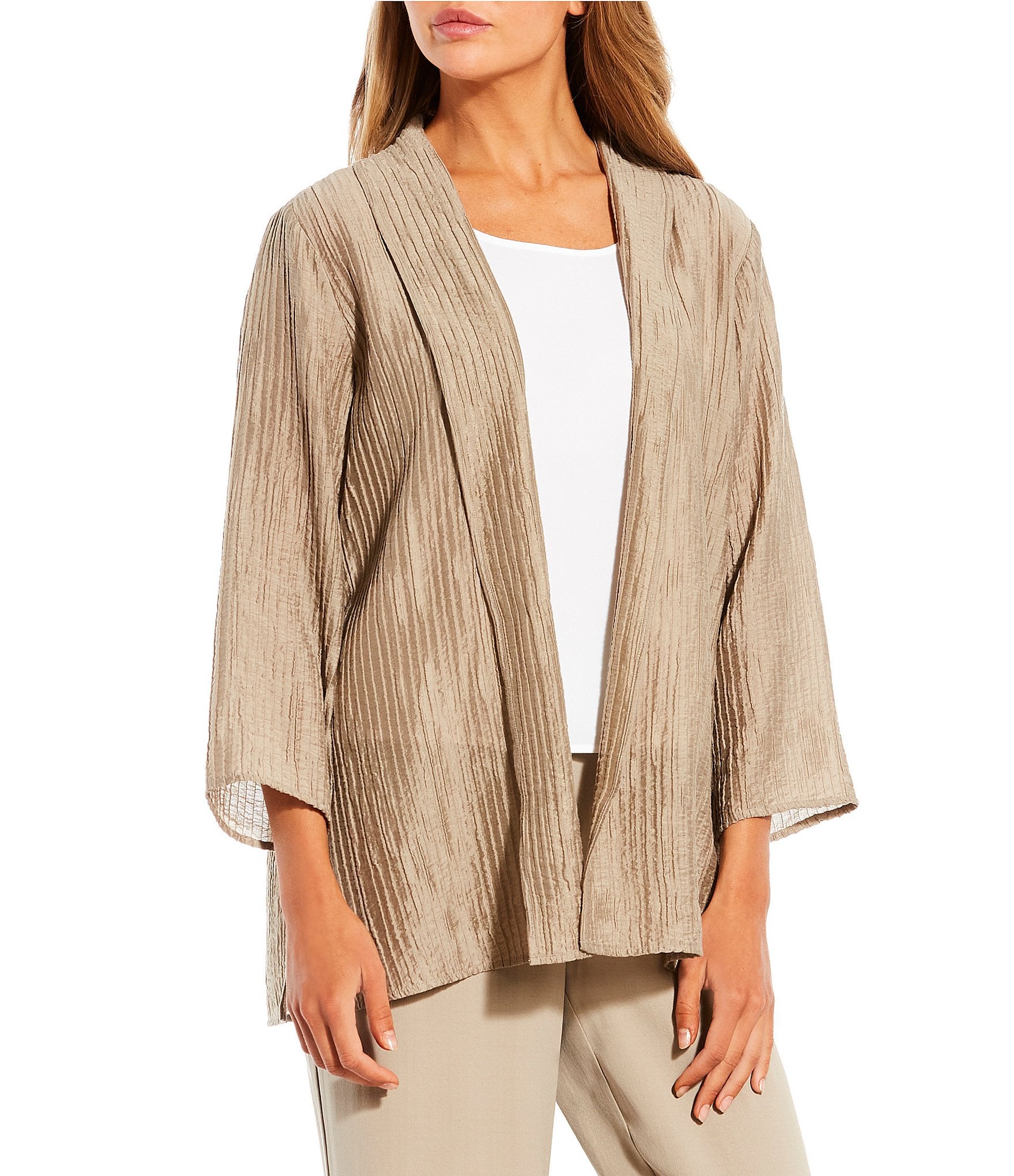 Eileen Fisher Crinkle Shimmer Vertical Pleat Wrist Length Sleeve Open Front  Jacket | Dillard's
