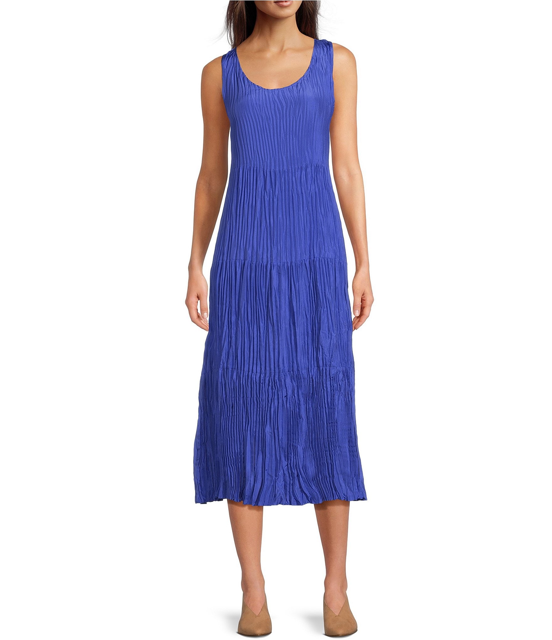 Eileen Fisher Crinkle Silk Scoop Neck Sleeveless A-Line Tiered Midi ...
