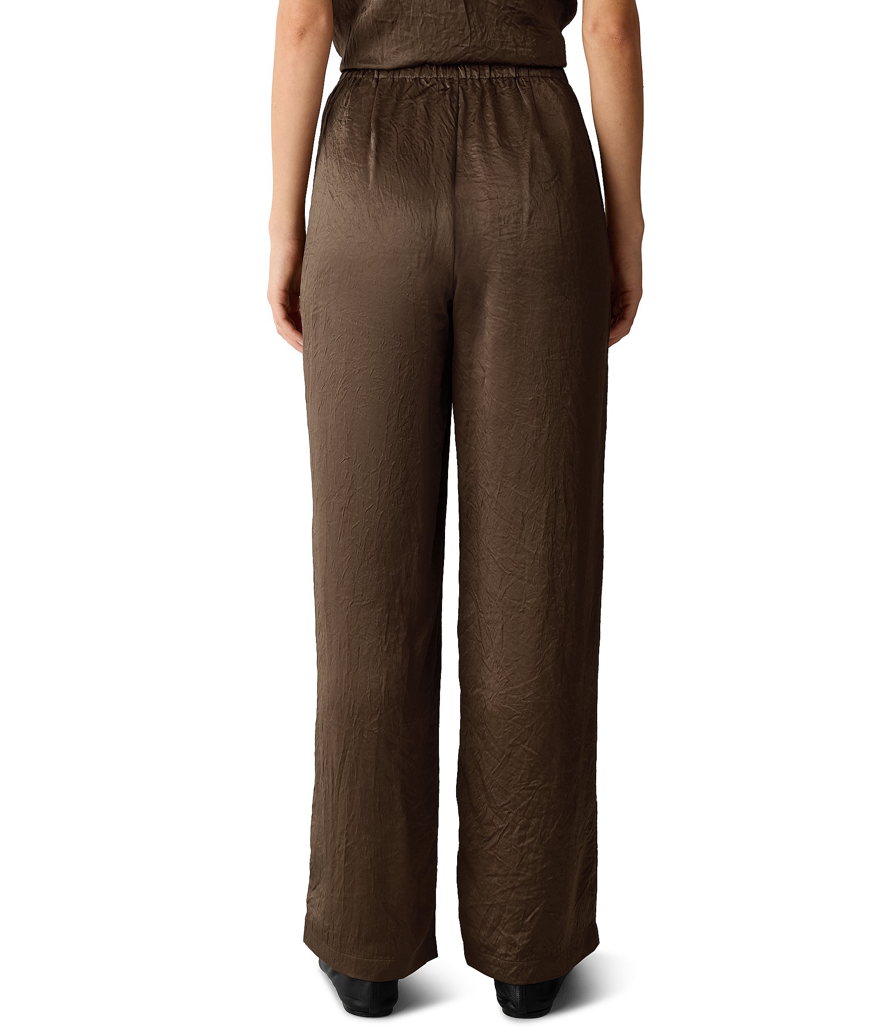 Eileen Fisher Crinkled Textured Satin Weave Pull-On Straight Leg Coordinating Pants