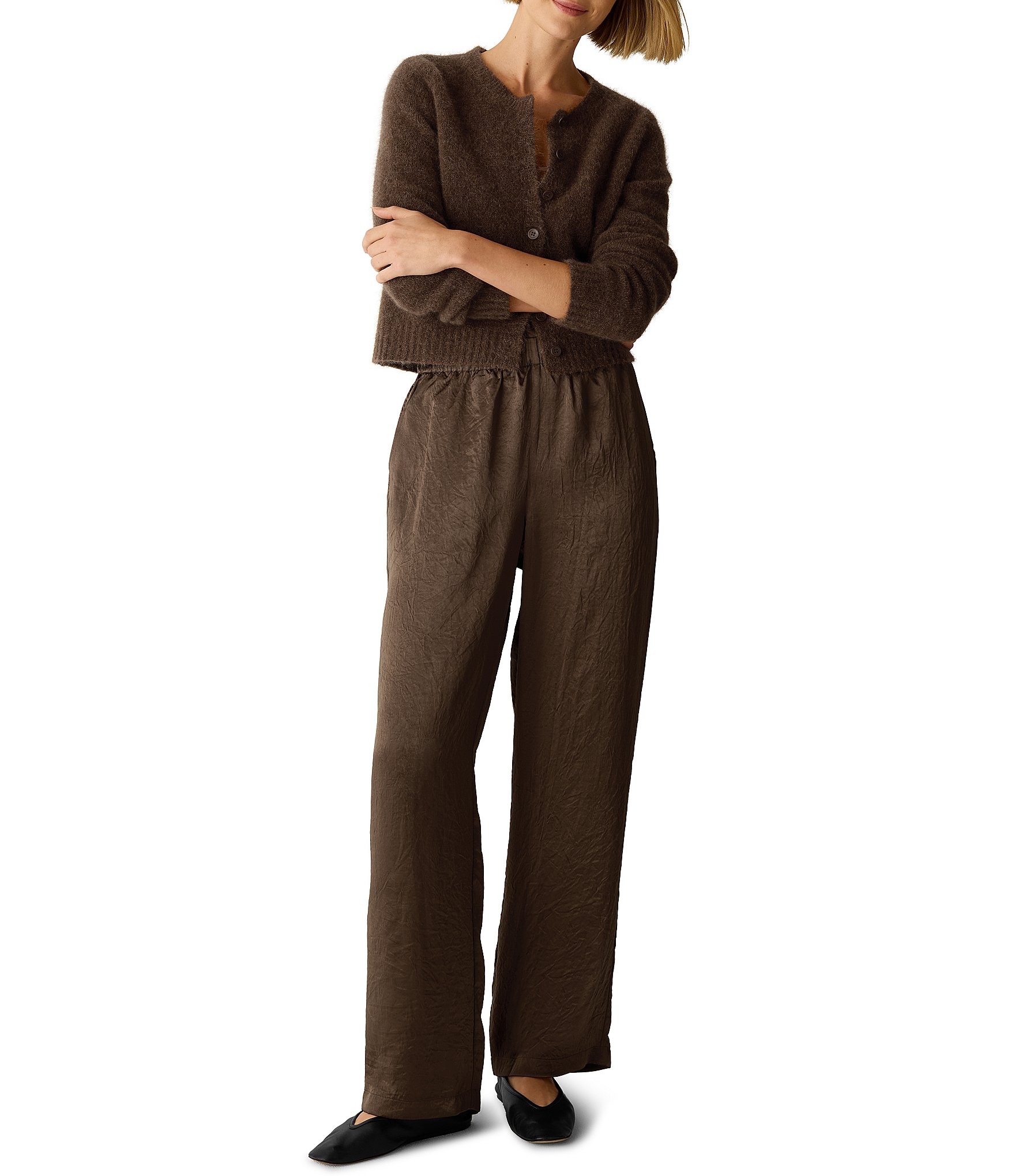 Eileen Fisher Crinkled Textured Satin Weave Pull-On Straight Leg Coordinating Pants
