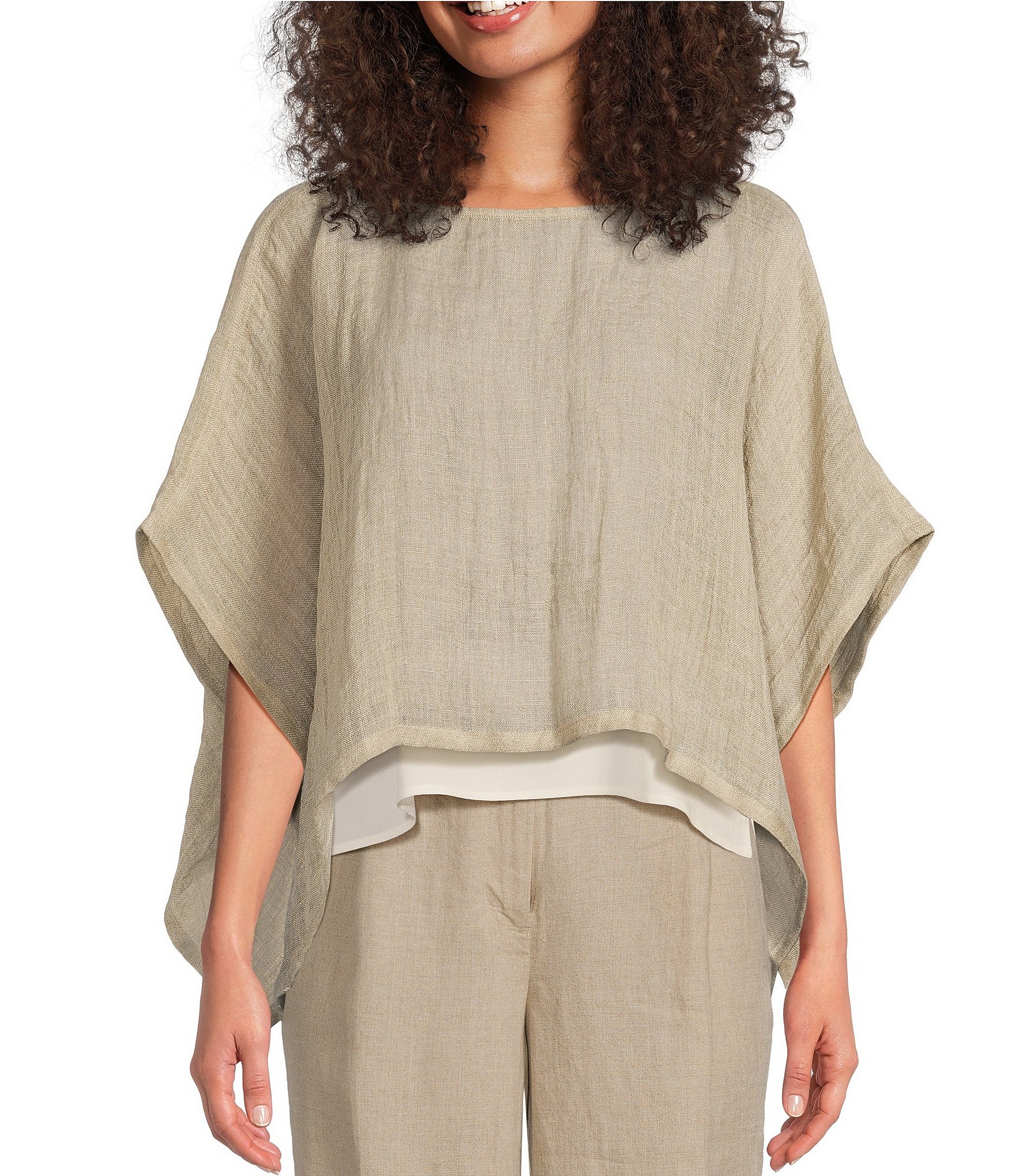 Eileen Fisher Delave Organic Linen Round Neck Elbow Sleeve Cropped ...