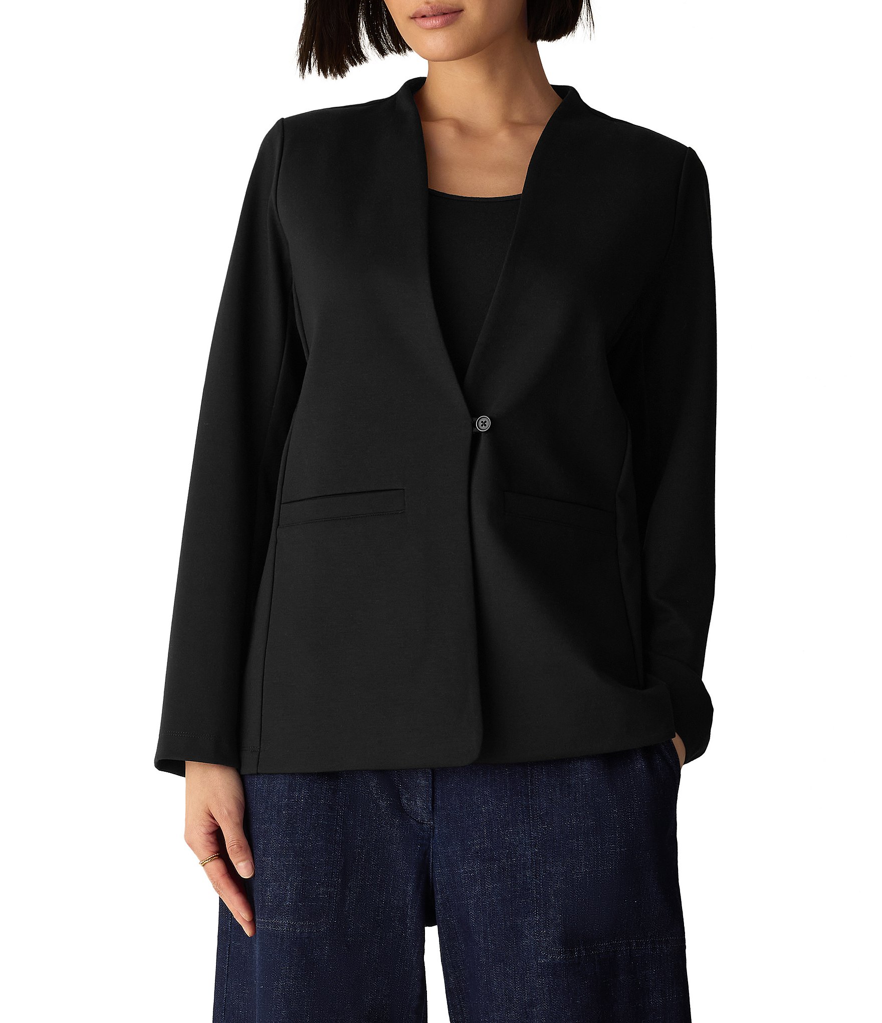 Eileen Fisher Double Knit Long Sleeve One-Button Shaped Blazer