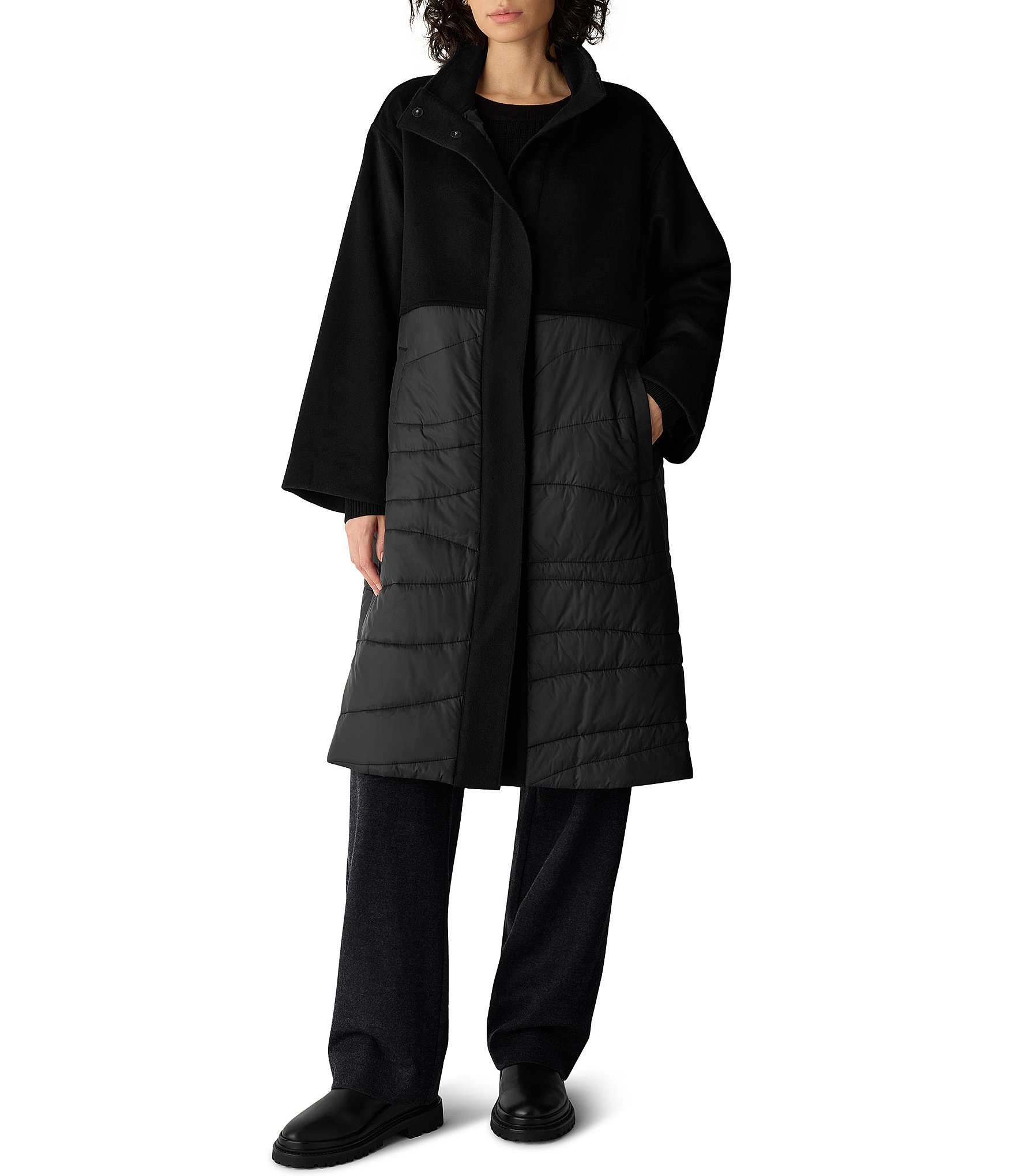 Eileen Fisher Eggshell Recycled Nylon Stand Collar Long Sleeve Coat