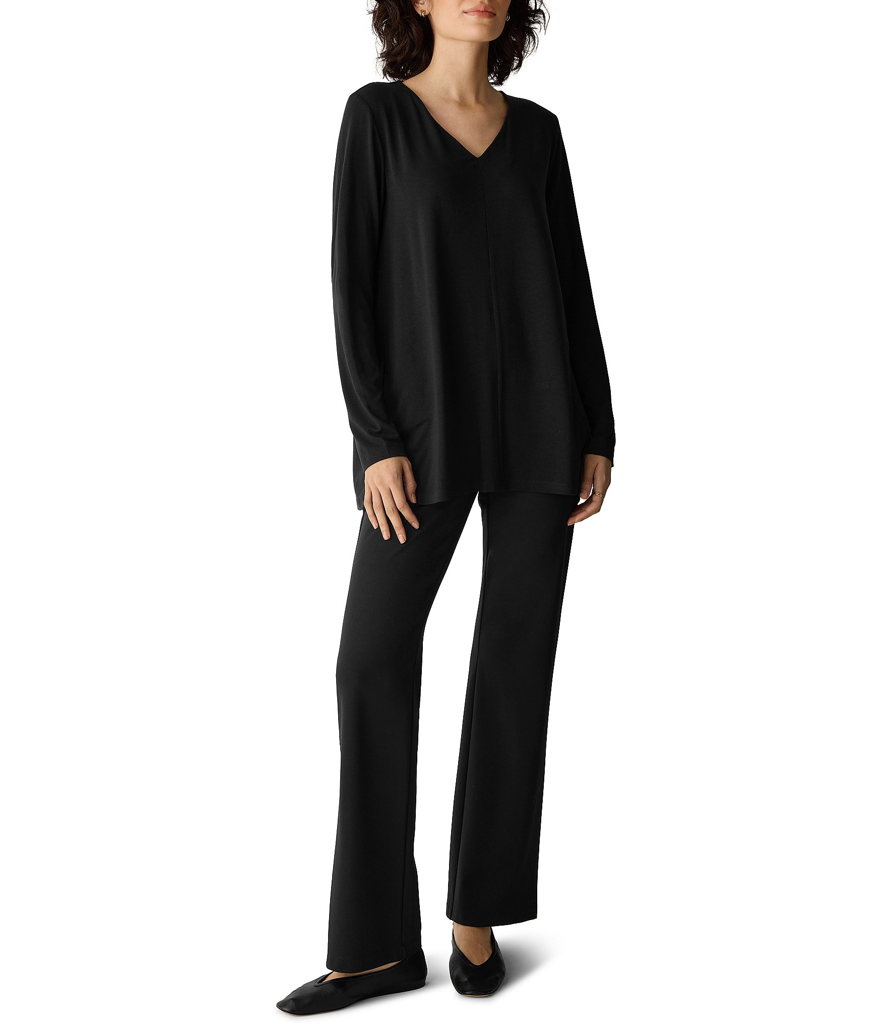 Eileen Fisher Fine Stretch Jersey Knit V-Neck Long Sleeve Tunic
