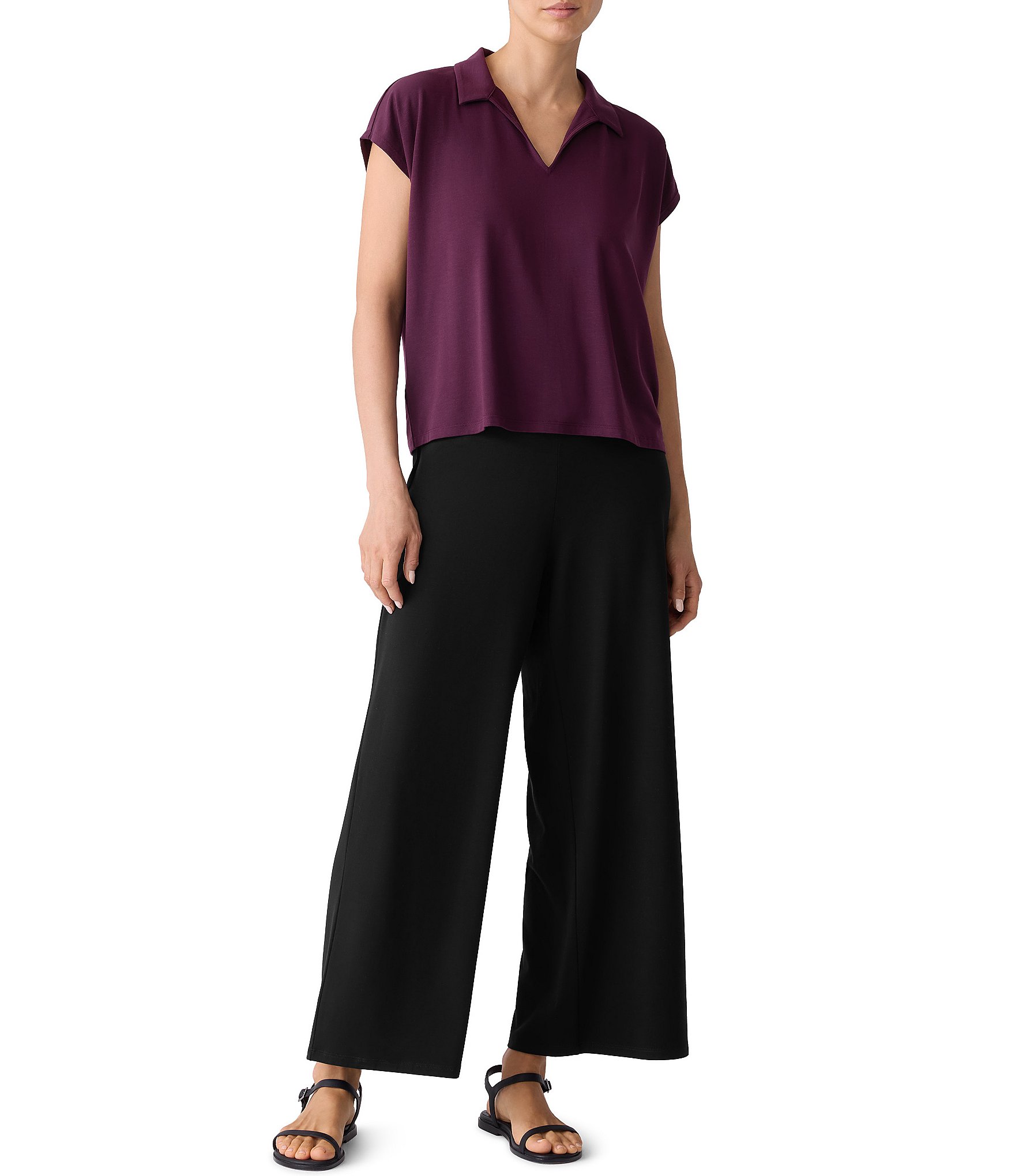 Eileen Fisher Jersey Knit Collar V-Neck Cap Sleeve Top