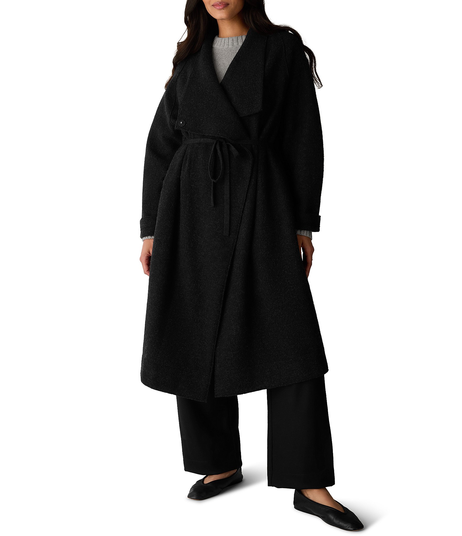 Eileen Fisher Lightweight Boiled Wool Drape Neck Coat