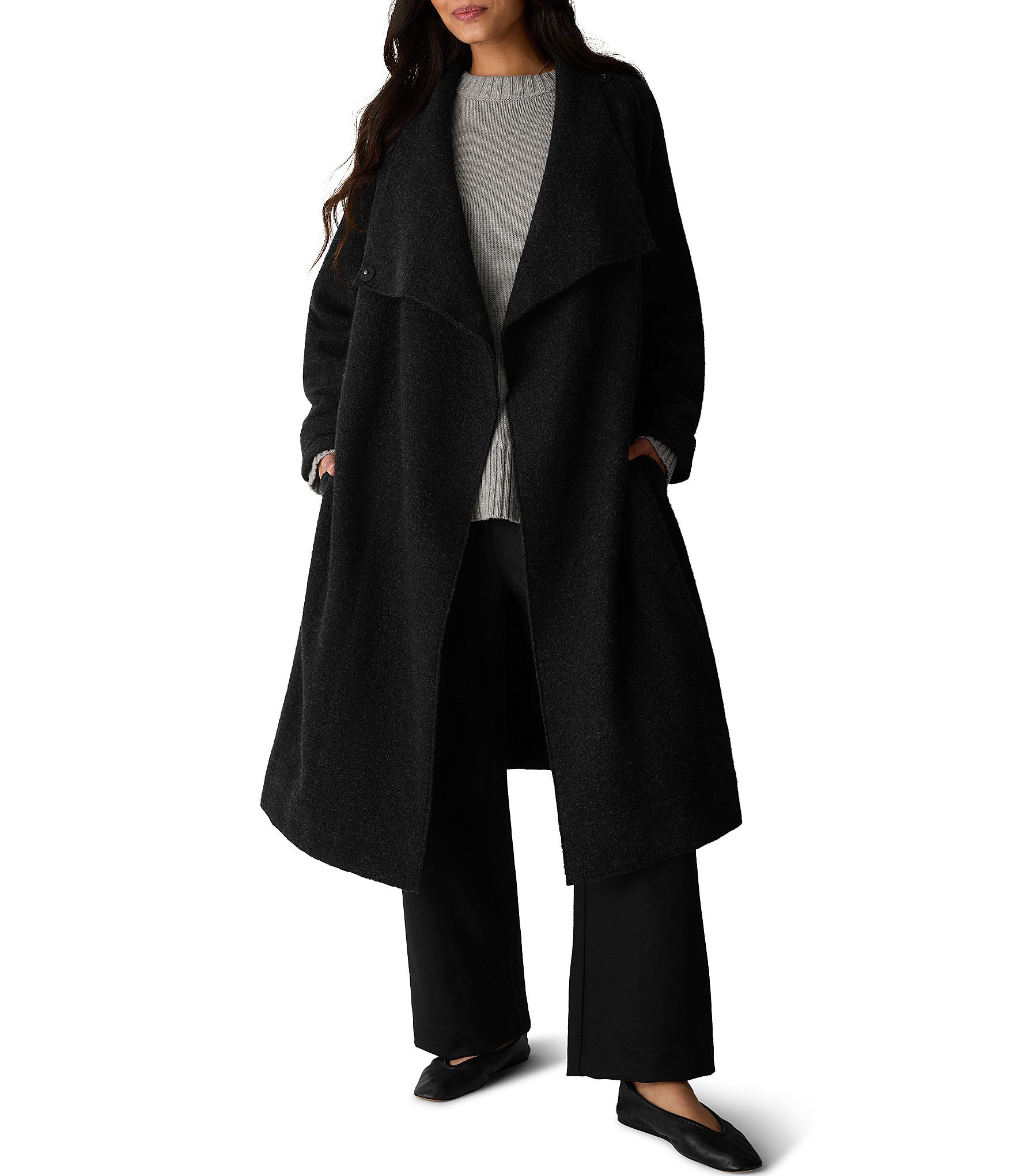 Eileen Fisher Lightweight Boiled Wool Drape Neck Coat