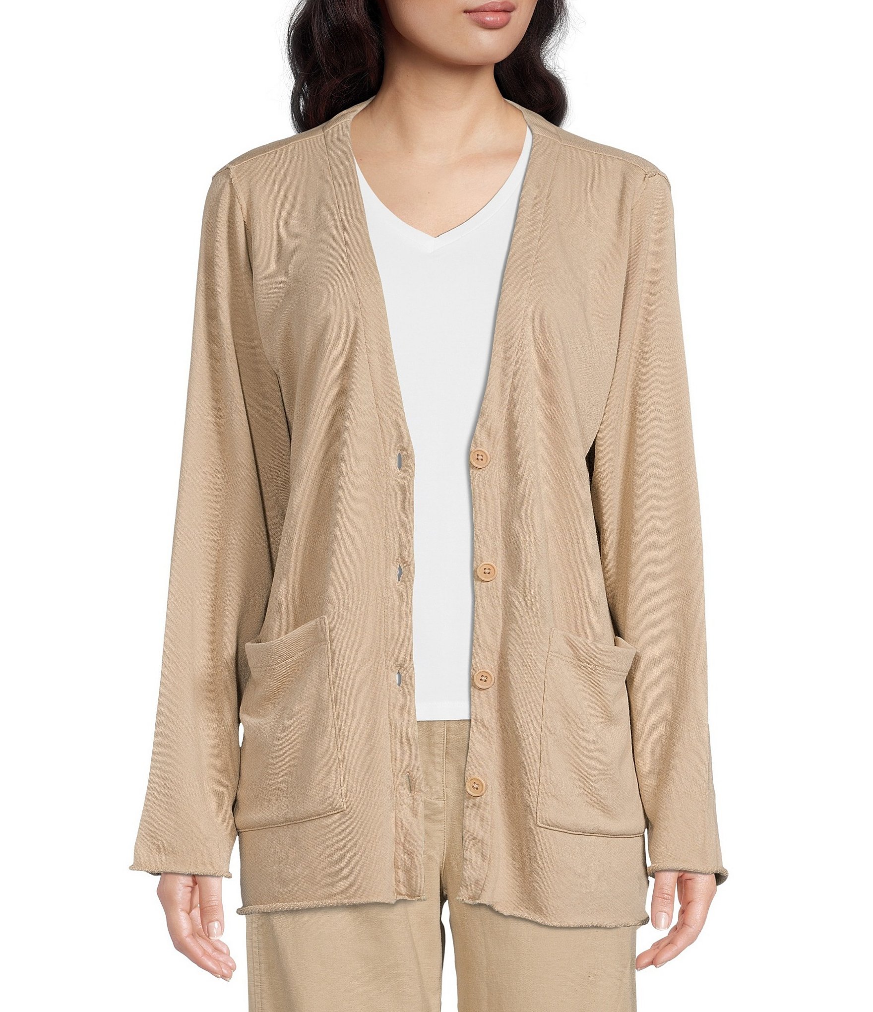 Eileen Fisher Lightweight French Terry V-Neck Long Sleeve Button Front  Jacket | Dillard's