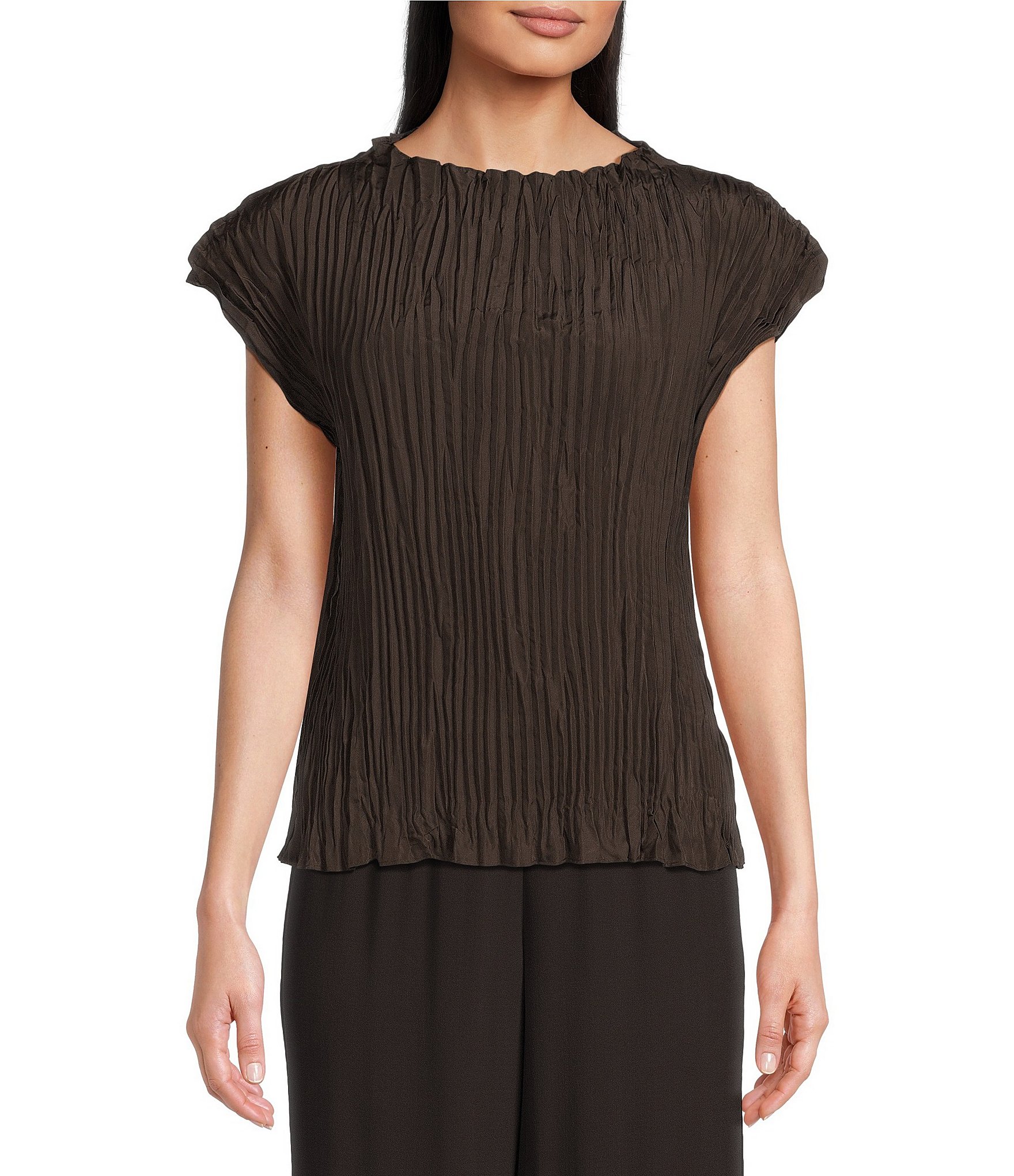Eileen Fisher Lustrous Crinkled Silk Short Sleeve Blouse | Dillard's