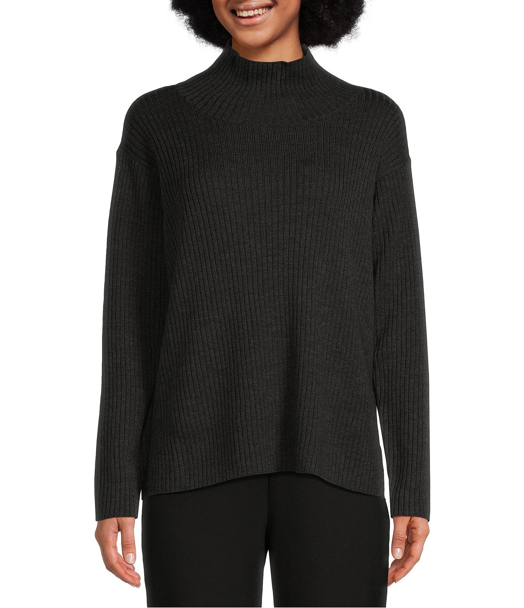 Eileen Fisher Merino Wool High Funnel Neck Long Sleeve Ribbed Boxy ...
