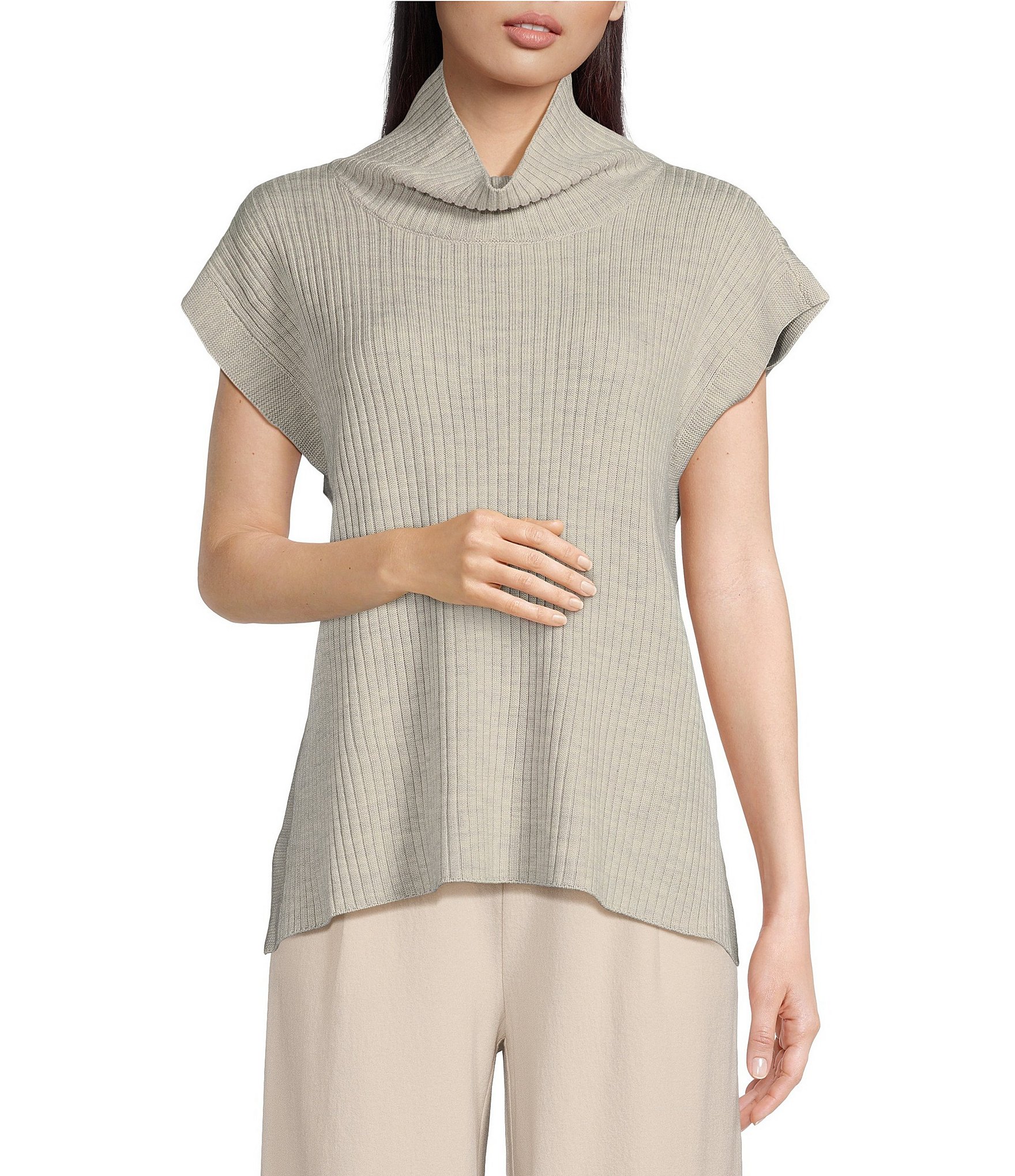 Eileen Fisher Merino Wool Turtleneck Cap Sleeve Ribbed Boxy Sweater ...