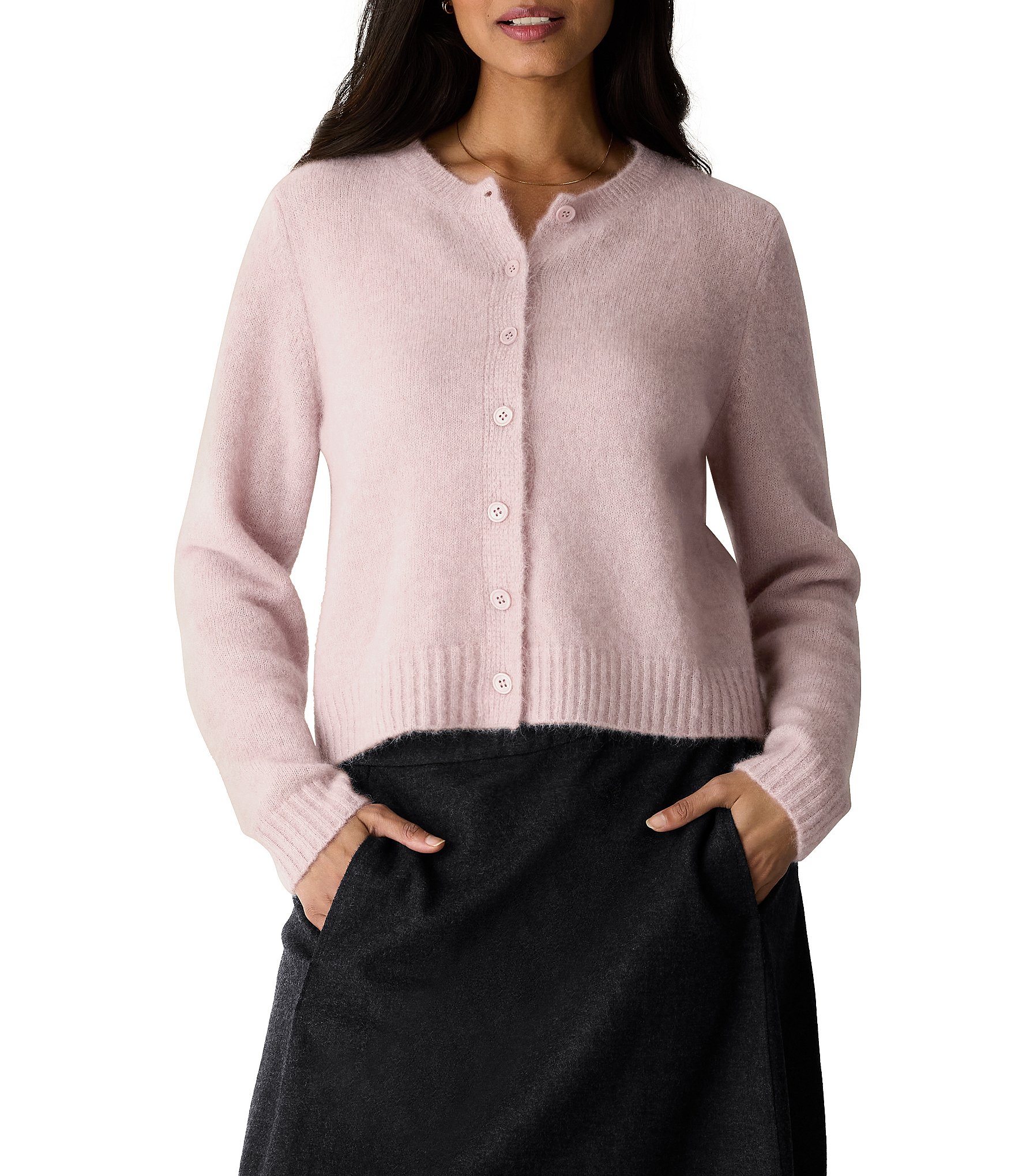 Eileen Fisher Mohair Plush Melange Crew Neck Long Sleeve Button-Front Cardigan