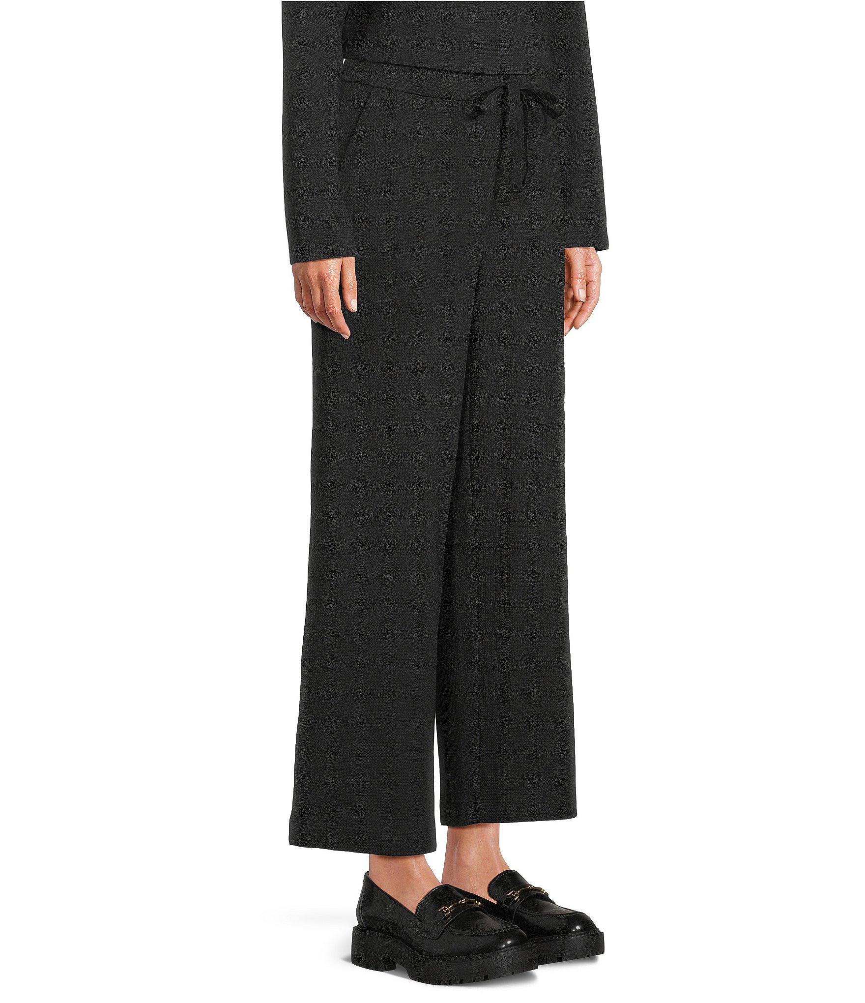 Eileen Fisher Organic Cotton Blend Waffle Double Knit Coordinating Drawstring Wide Ankle Pants