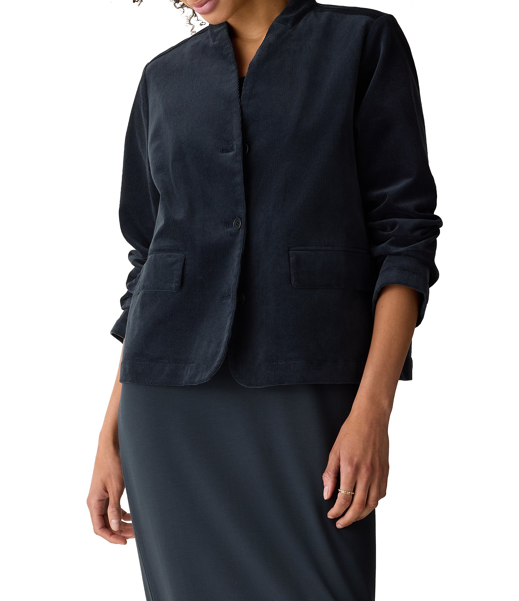 Eileen Fisher Organic Cotton High Collar Long Sleeve Button-Front Corduroy Jacket
