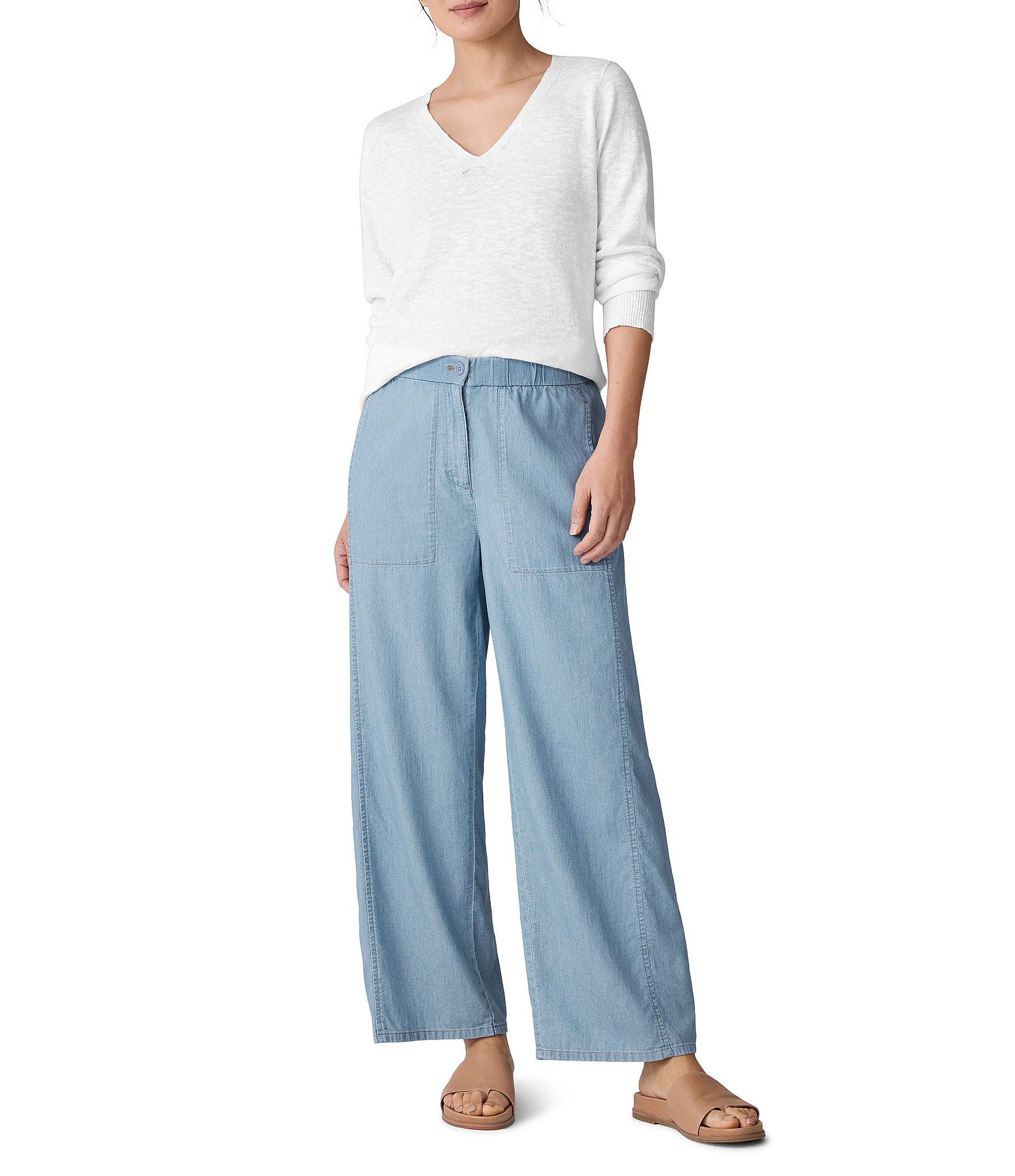Eileen Fisher Organic Cotton Mid Rise Twill Wide Leg Pants