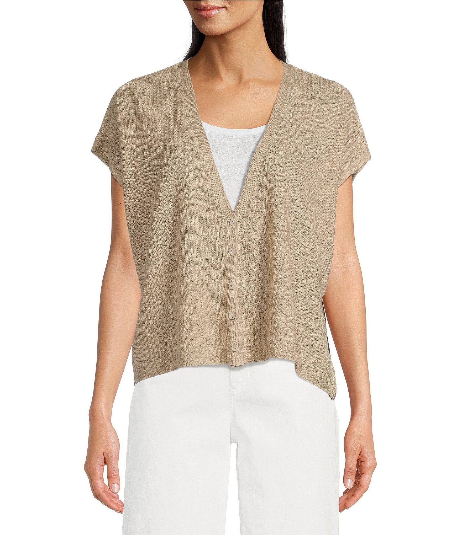 Eileen Fisher Organic Linen Cotton V-Neck Short Sleeve Button Front Cardigan