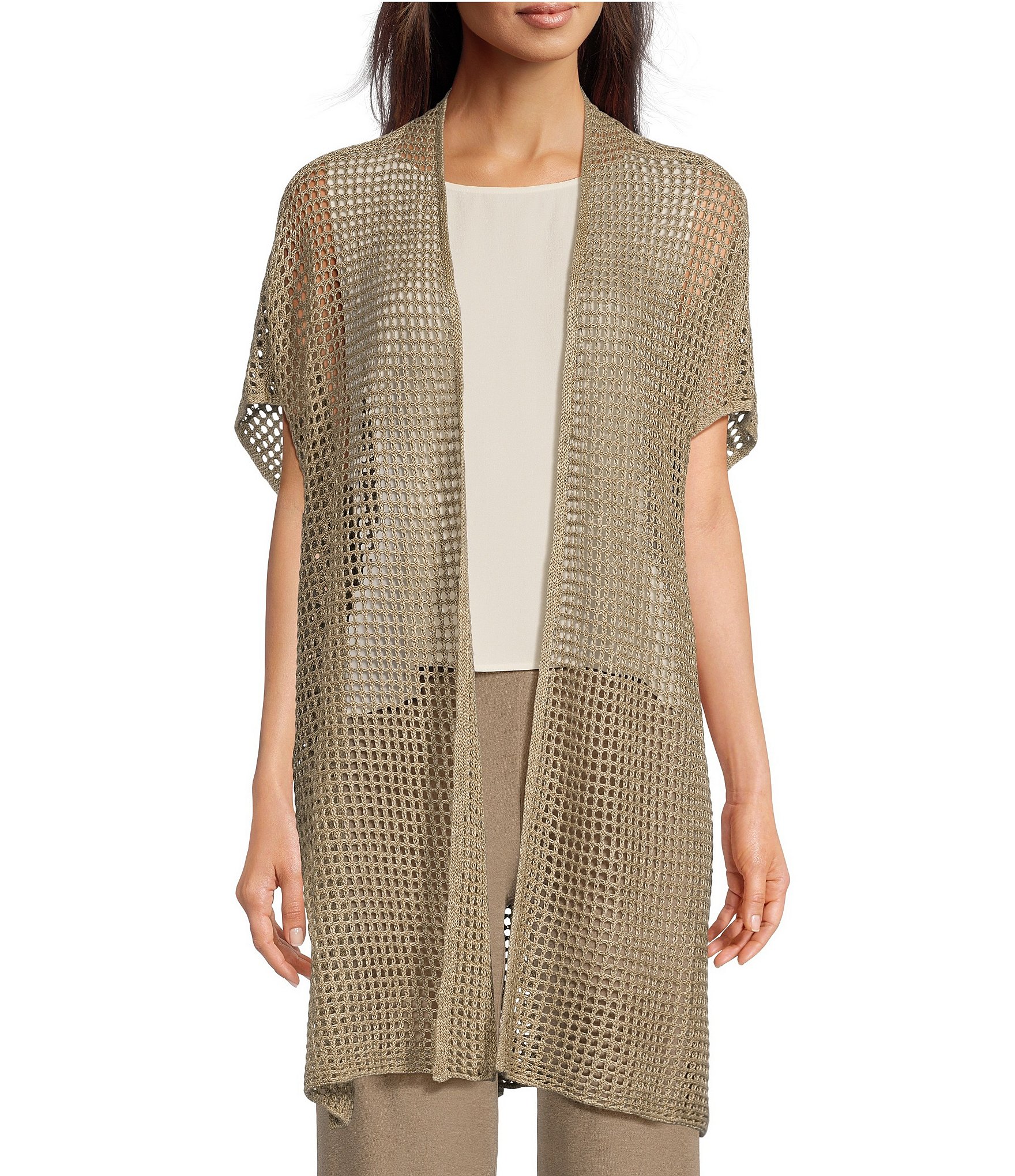 Eileen Fisher Organic Linen Delave High Collar Short Sleeve Cardigan |  Dillard's