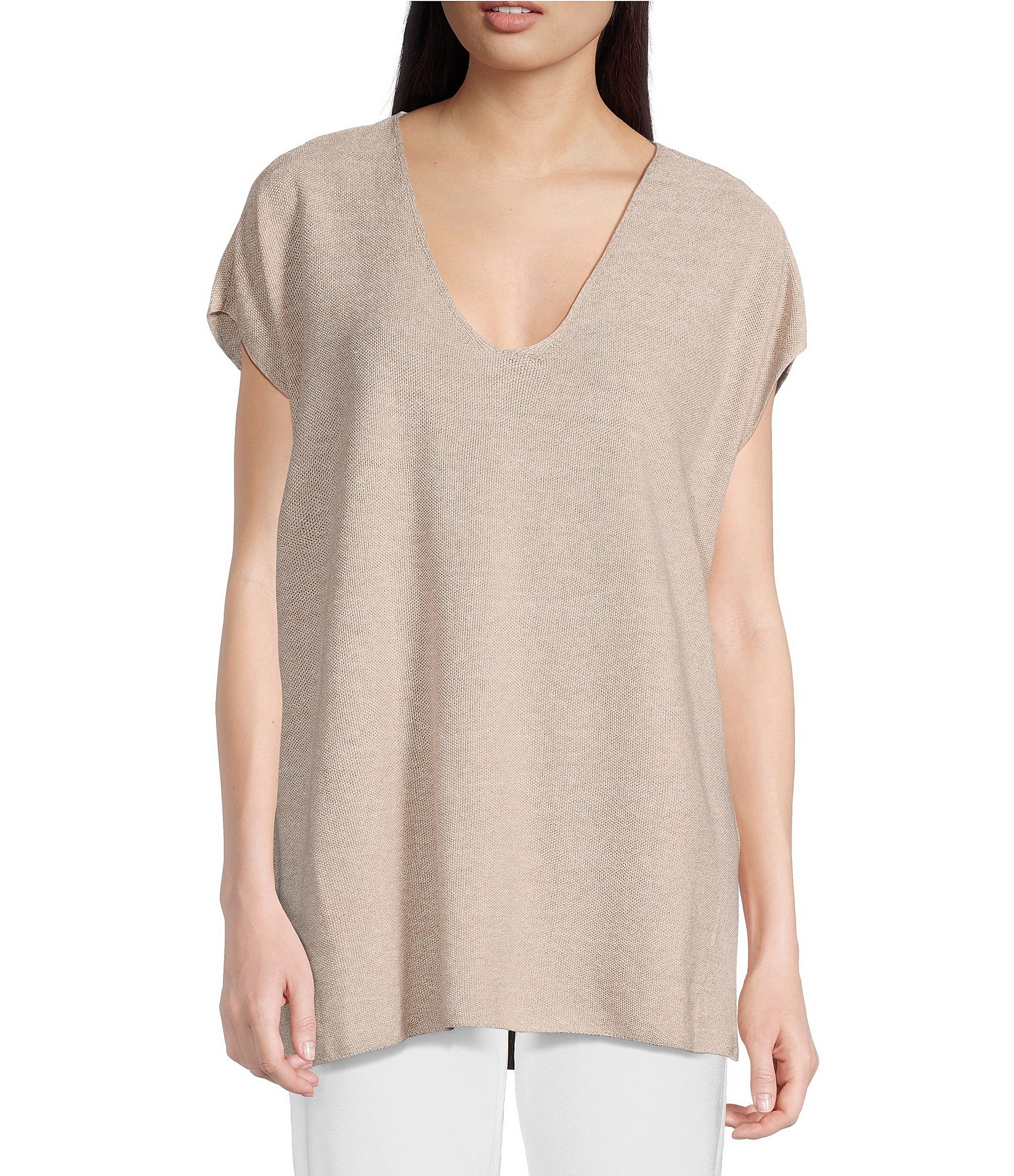 Eileen Fisher Organic Linen Knit V-Neck Cap Sleeve Boxy Top