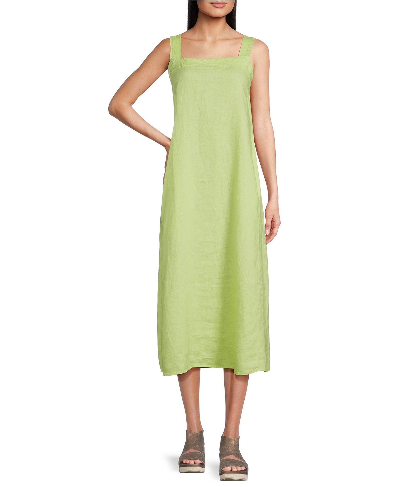 Eileen Fisher Organic Linen Square Neck Sleeveless Pocketed Shift Maxi ...