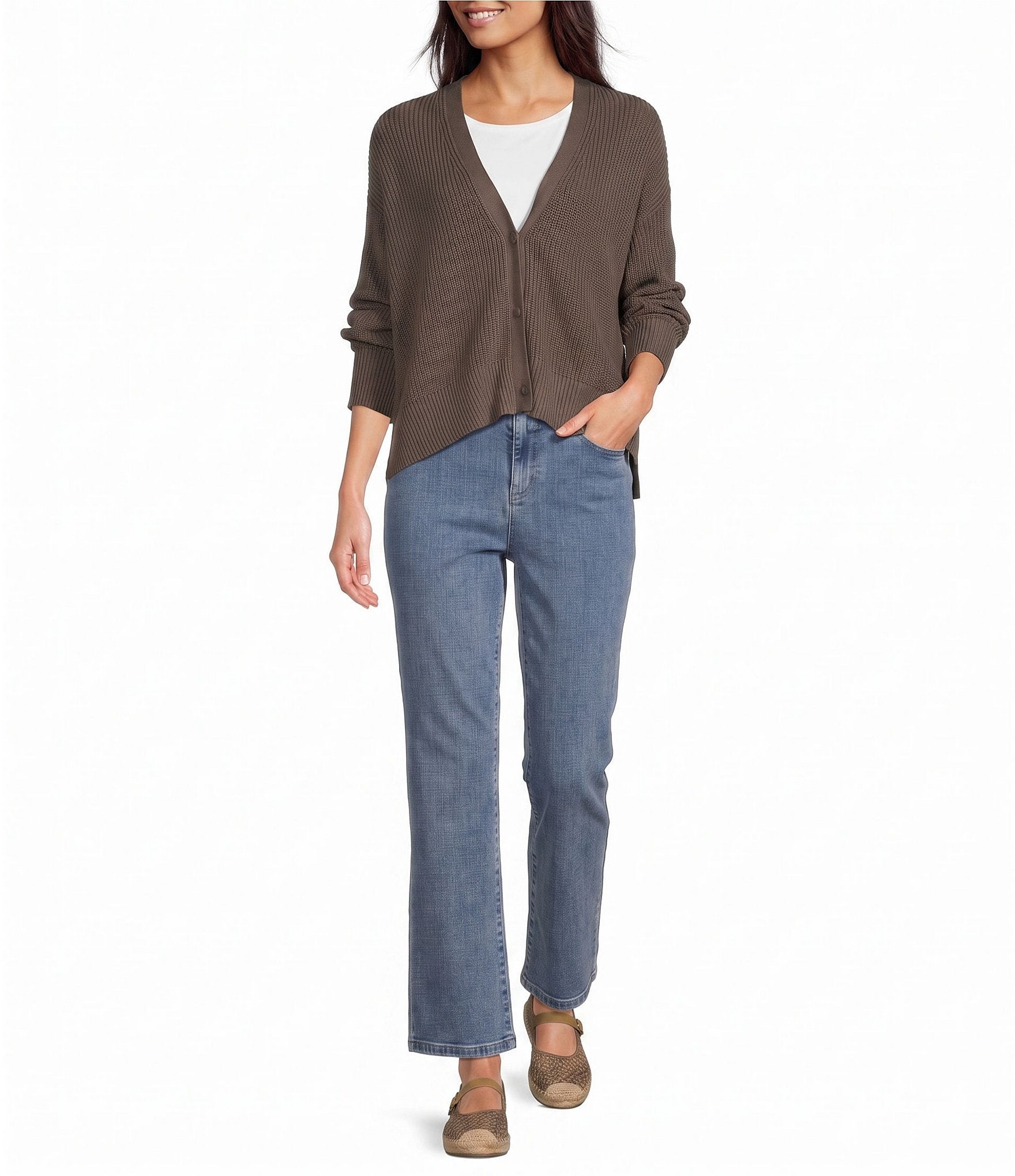 Eileen Fisher Peruvian Cotton-Blend V-Neck Long Sleeve Button-Front Cardigan