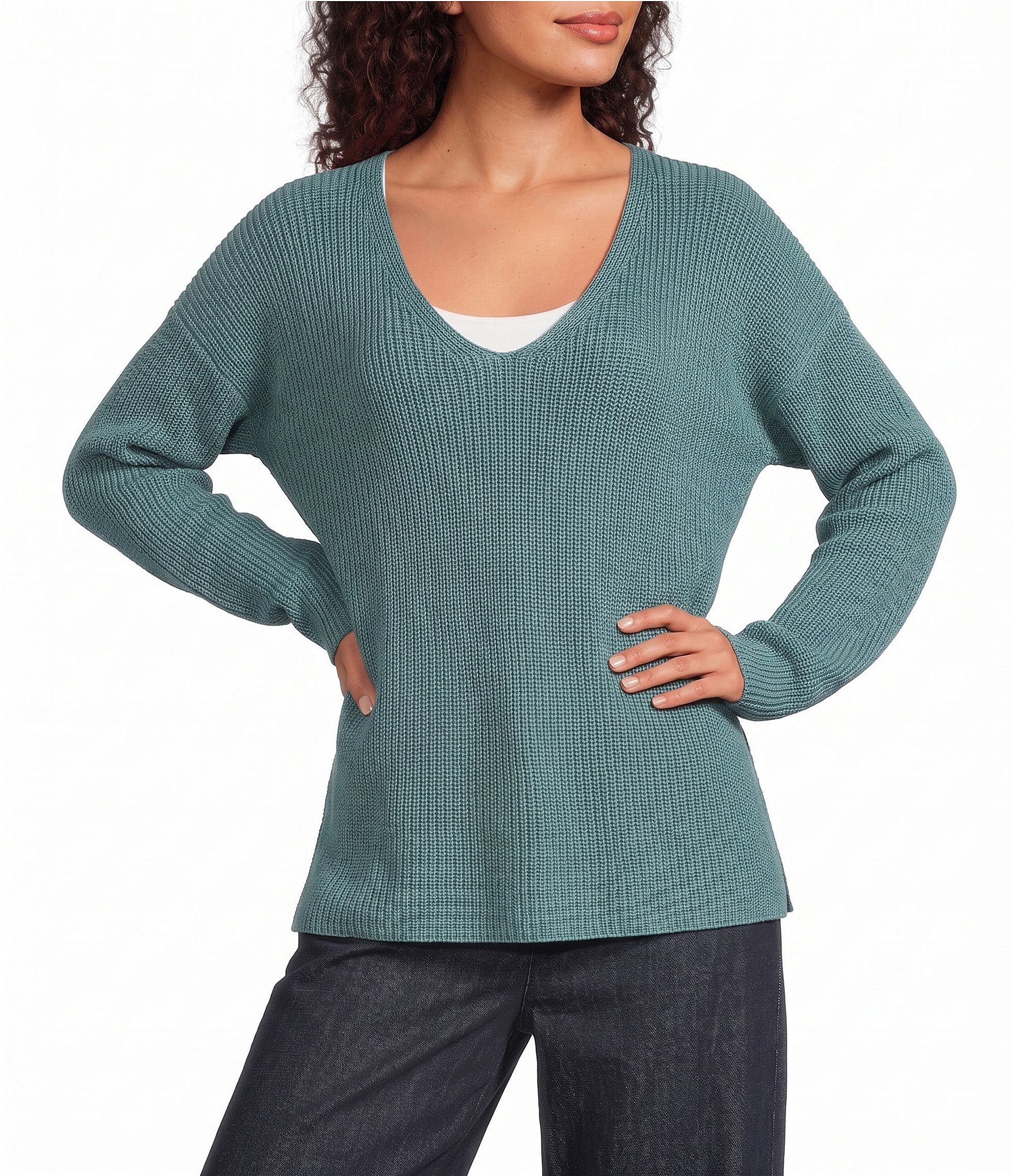 Eileen Fisher Peruvian Cotton-Blend V-Neck Long Sleeve Sweater