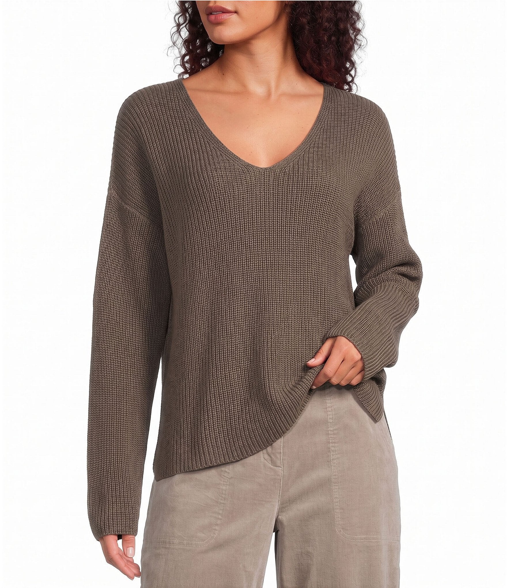 Eileen Fisher Peruvian Cotton-Blend V-Neck Long Sleeve Sweater